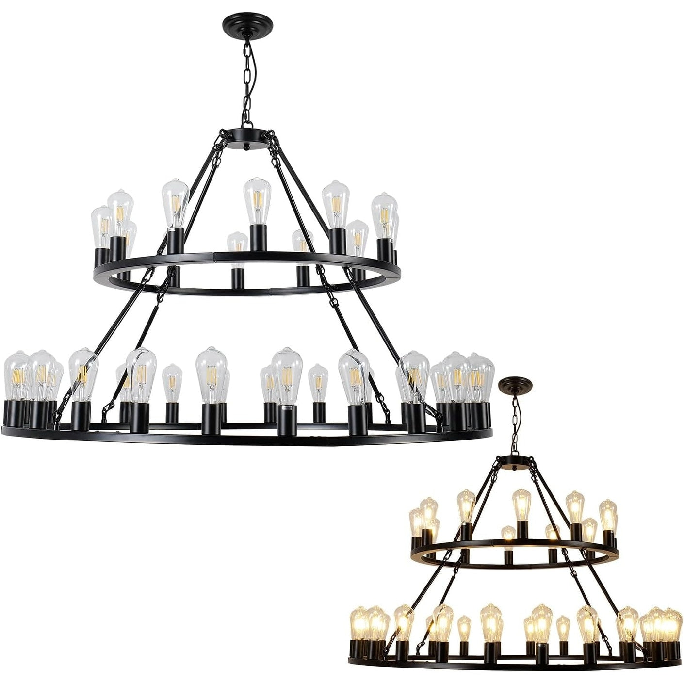 52 Extra Large Wagon Wheel Chandelier 2 Tier 36 Lights Round High Ceiling Pendant Light Adjustable Chain