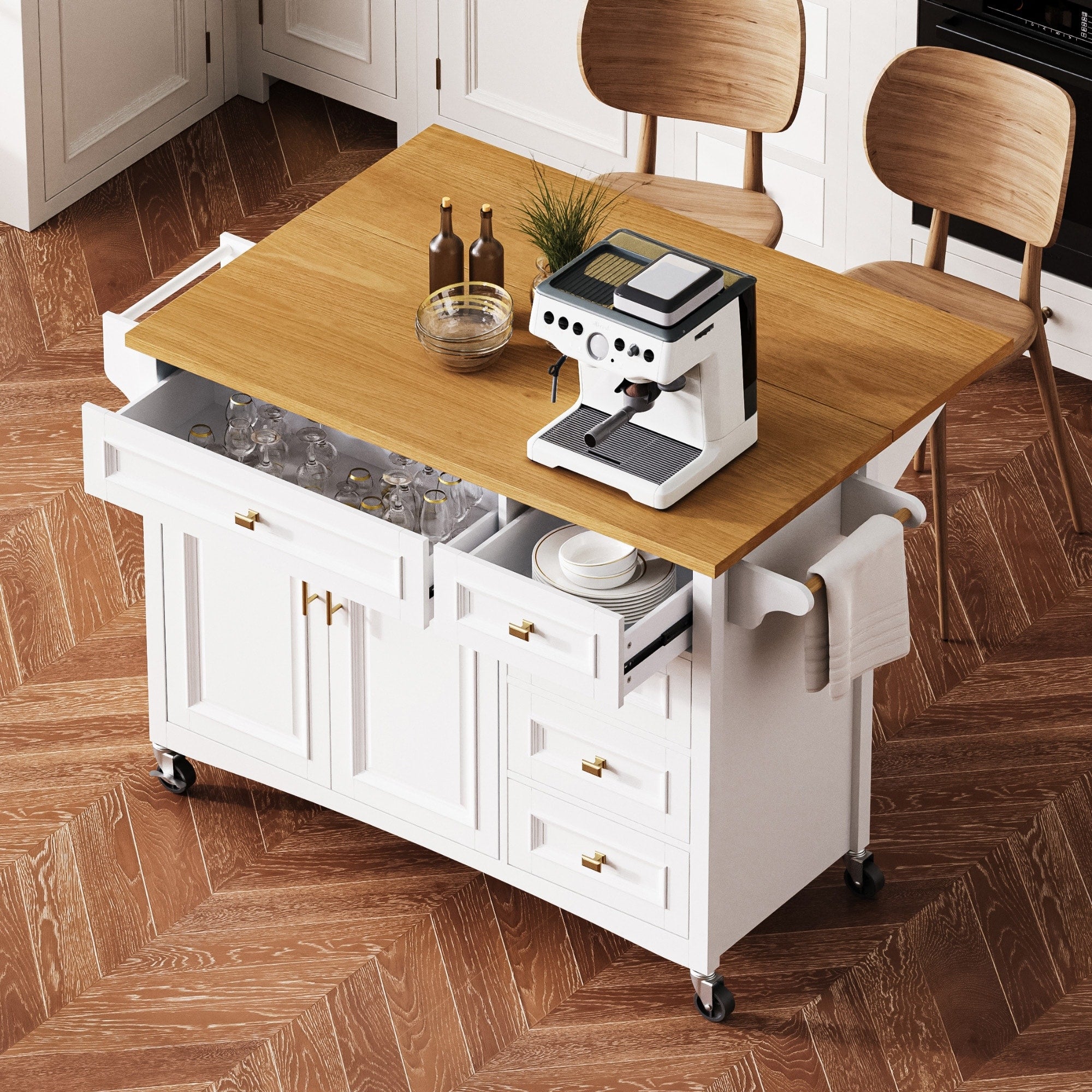 52 Kitchen Island With Drop Leaf Kitchen Island On Wheels With Spice Rack Towel Rack 2 Doors And 5 Drawers Adjustable Shelf