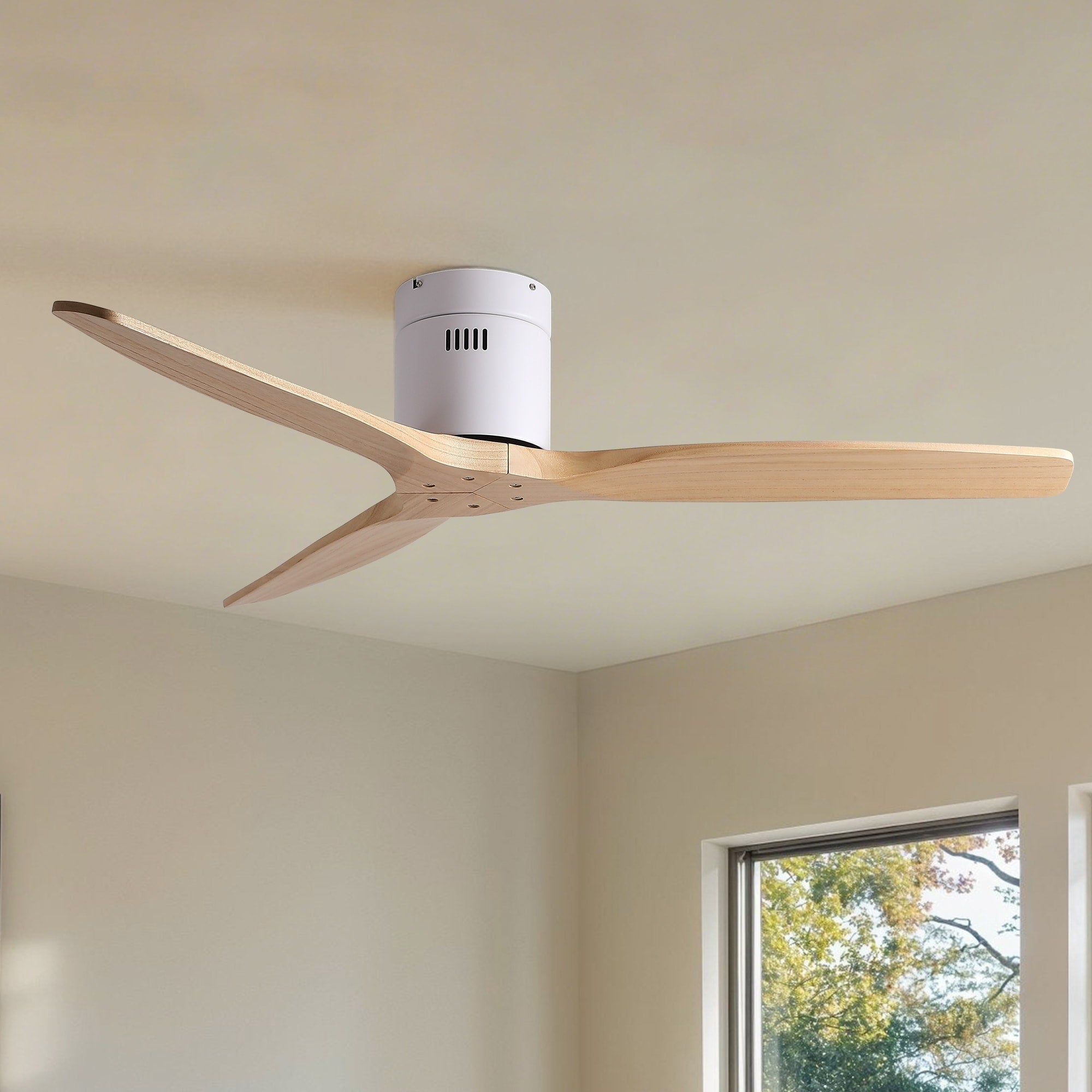 52 Mordern Rustic Elegance Solid Wood Blades Low Profile Flush Mount Ceiling Fan Without Light