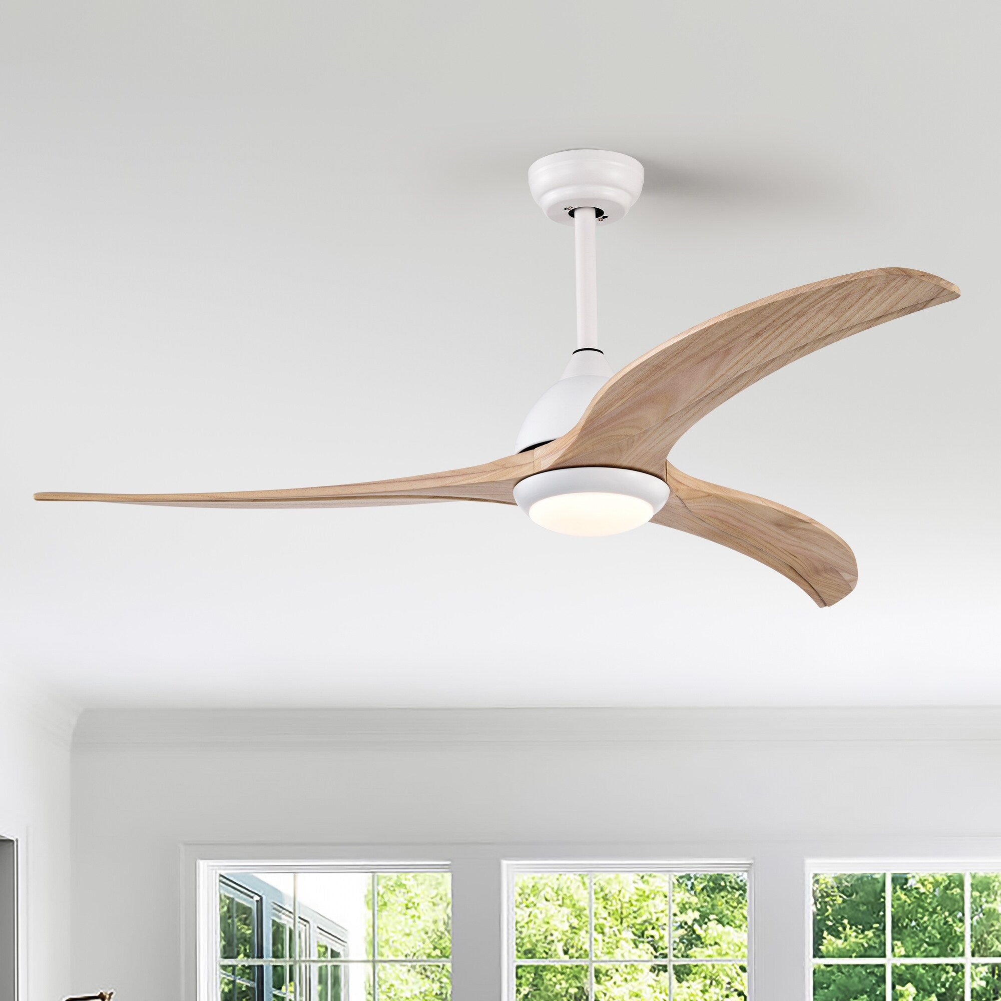 52In.Indoor Scandi White Solid Wood 6 Speed Ceiling Fan W Lights Slient 3 Color Futuristic Ceiling Fan W Remote 52 Inches