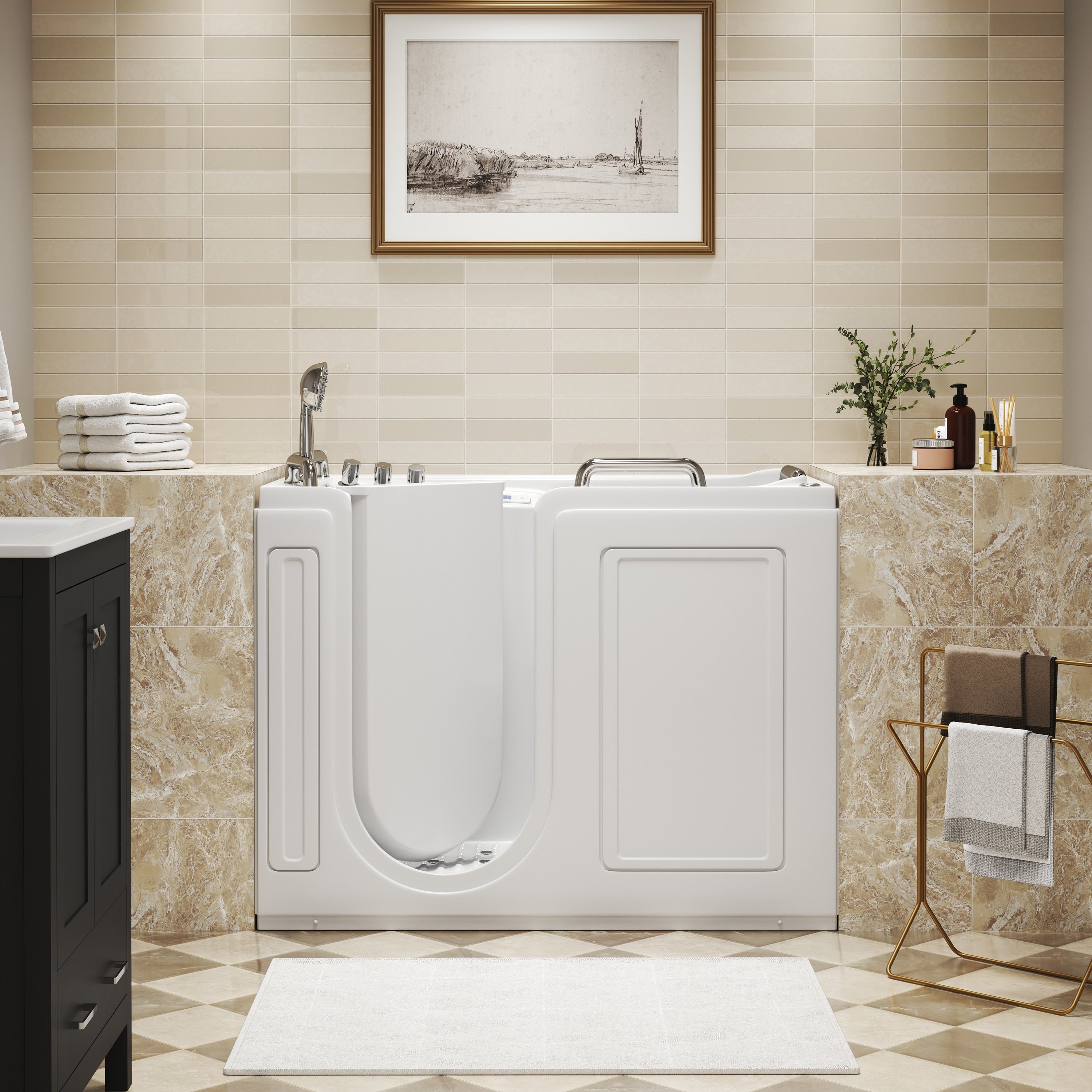 53 In. Walk In Whirlpool Air Acrylic Bathtub With Hydrotherapy Jets Chromatherapy Led Light And Aromatherapy Built In Seat
