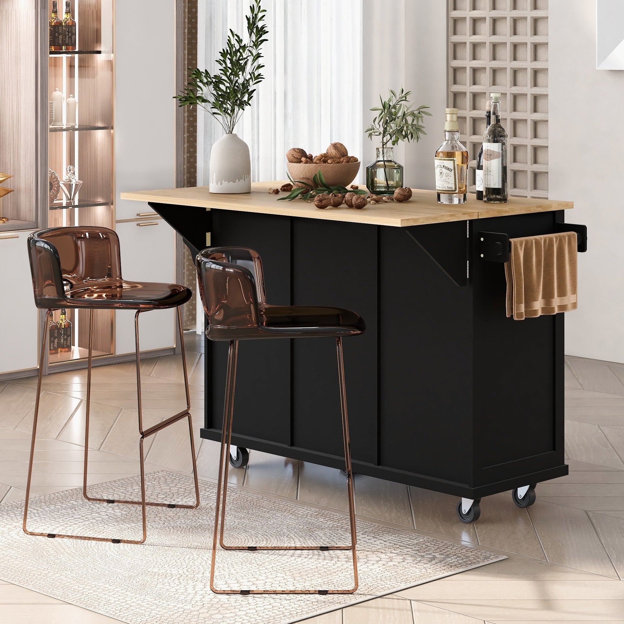 53.10 Rubberwood Kitchen Cart With Drop Leaf Adjustable Shelf Rolling Wheels And 3 Drawers 53.1 X 29.5 X 37.2