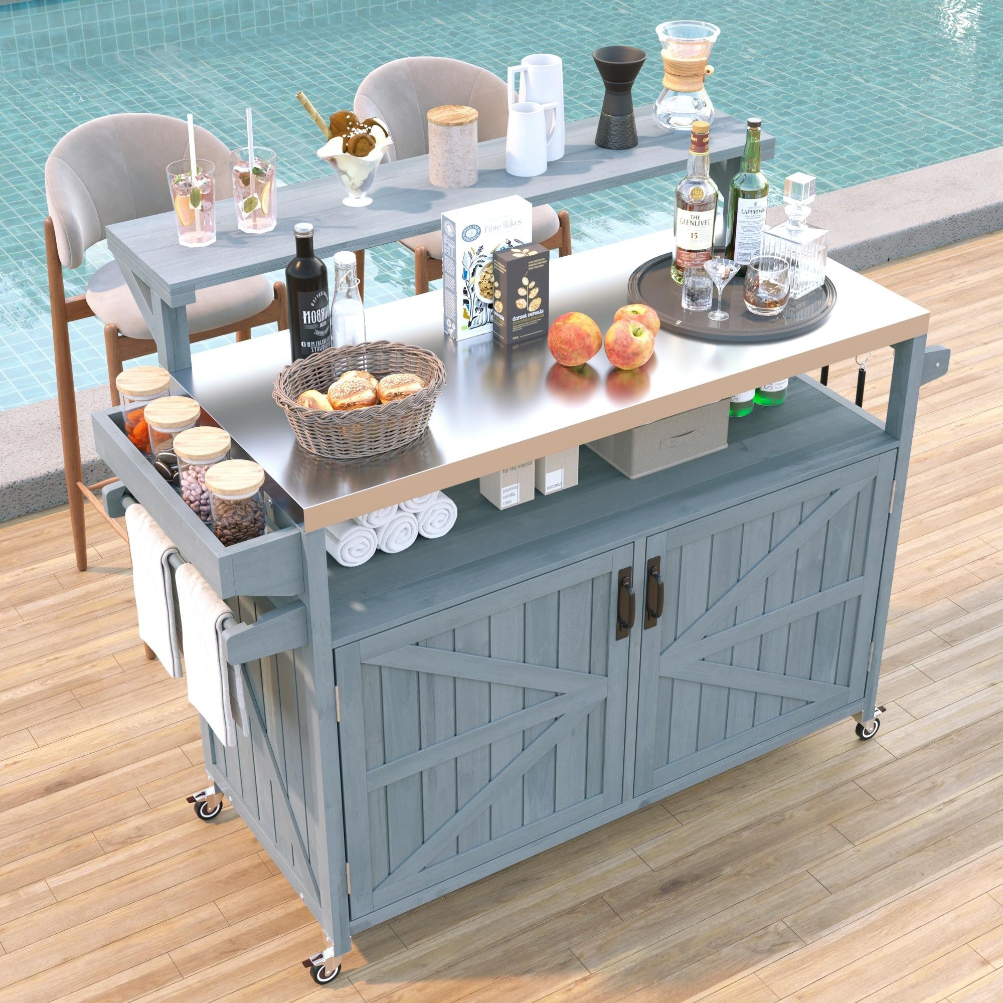 53.3 Outdoor Solid Wood Kitchen Island With Stainless Steel Top Raised Shelf Spice Rack Adjustable Shelf