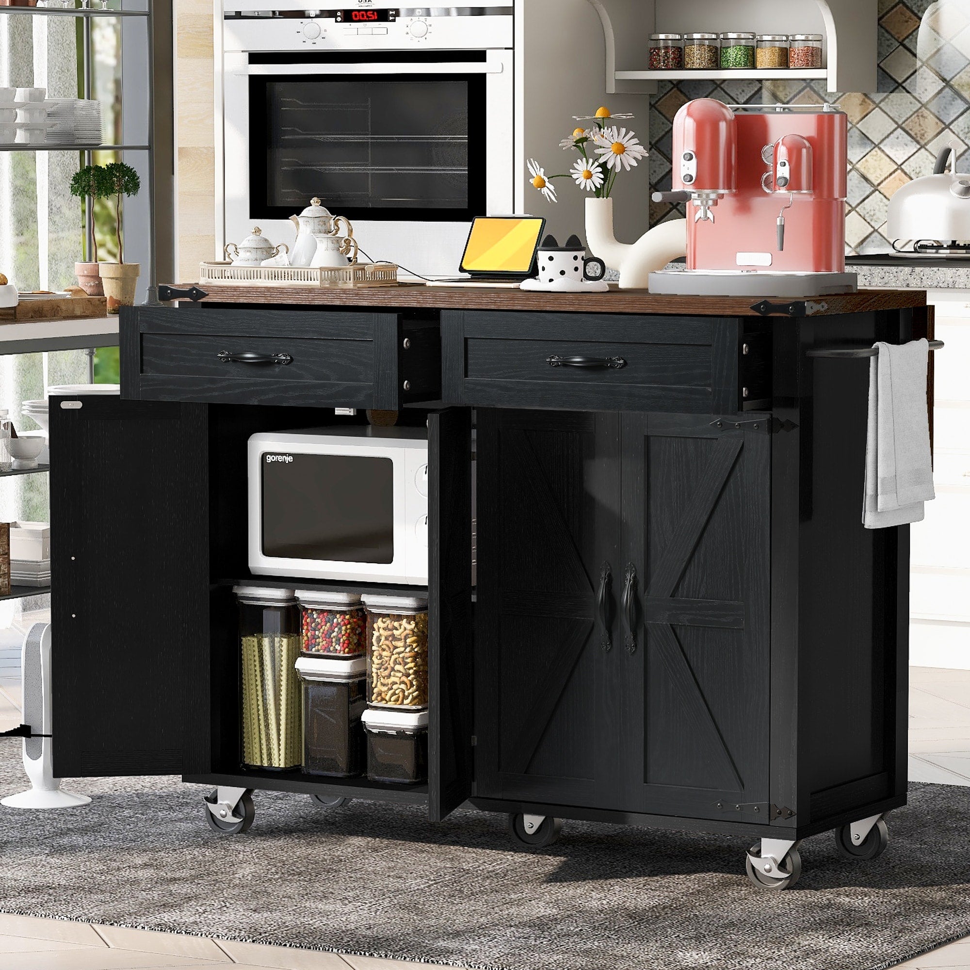 53.5 Farmhouse Kitchen Island With Power Outlet Drop Leaf Spice Rack Drawer Wheels