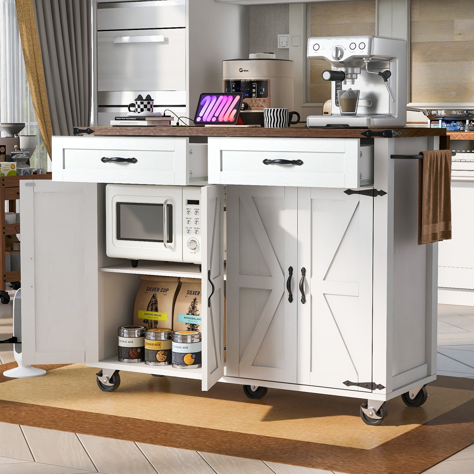 53.5 Kitchen Island With Power Outlet Storage Island With Drop Leaf Spice Rack And Drawer Rolling Kitchen Cart On Wheels