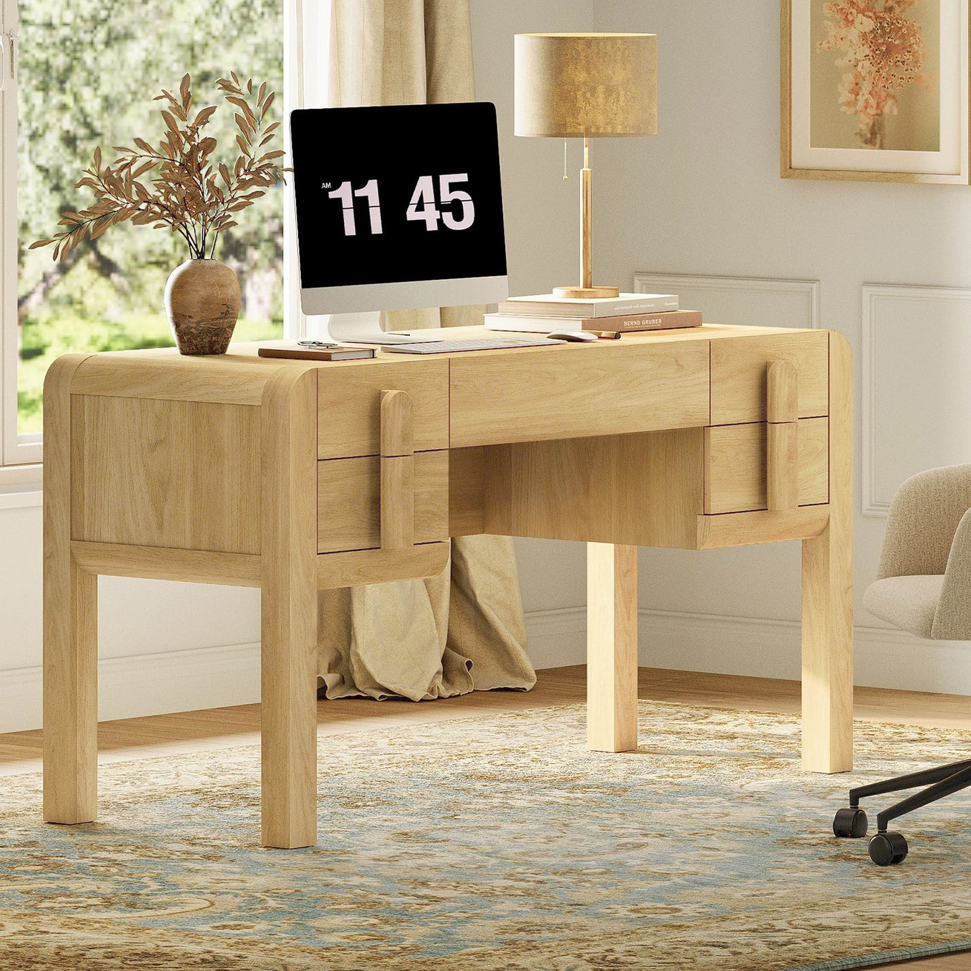 53.5 W Mid Century Modern Executive Desk With 5 Drawers Home Office Desk With Charging Station