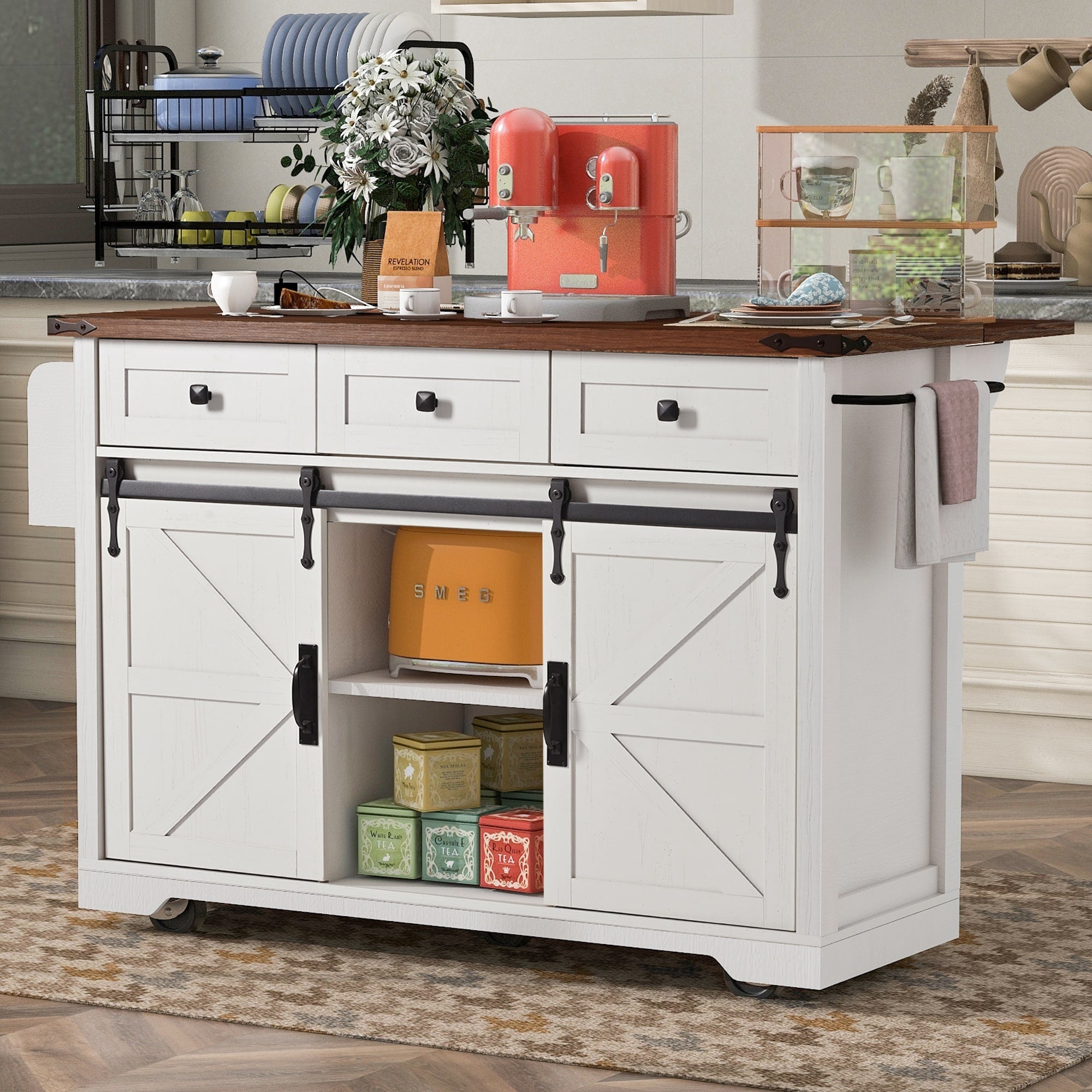 53.7 Farmhouse Kitchen Island With Power Outlet 2 Sliding Barn Door Drop Leaf Spice Rack