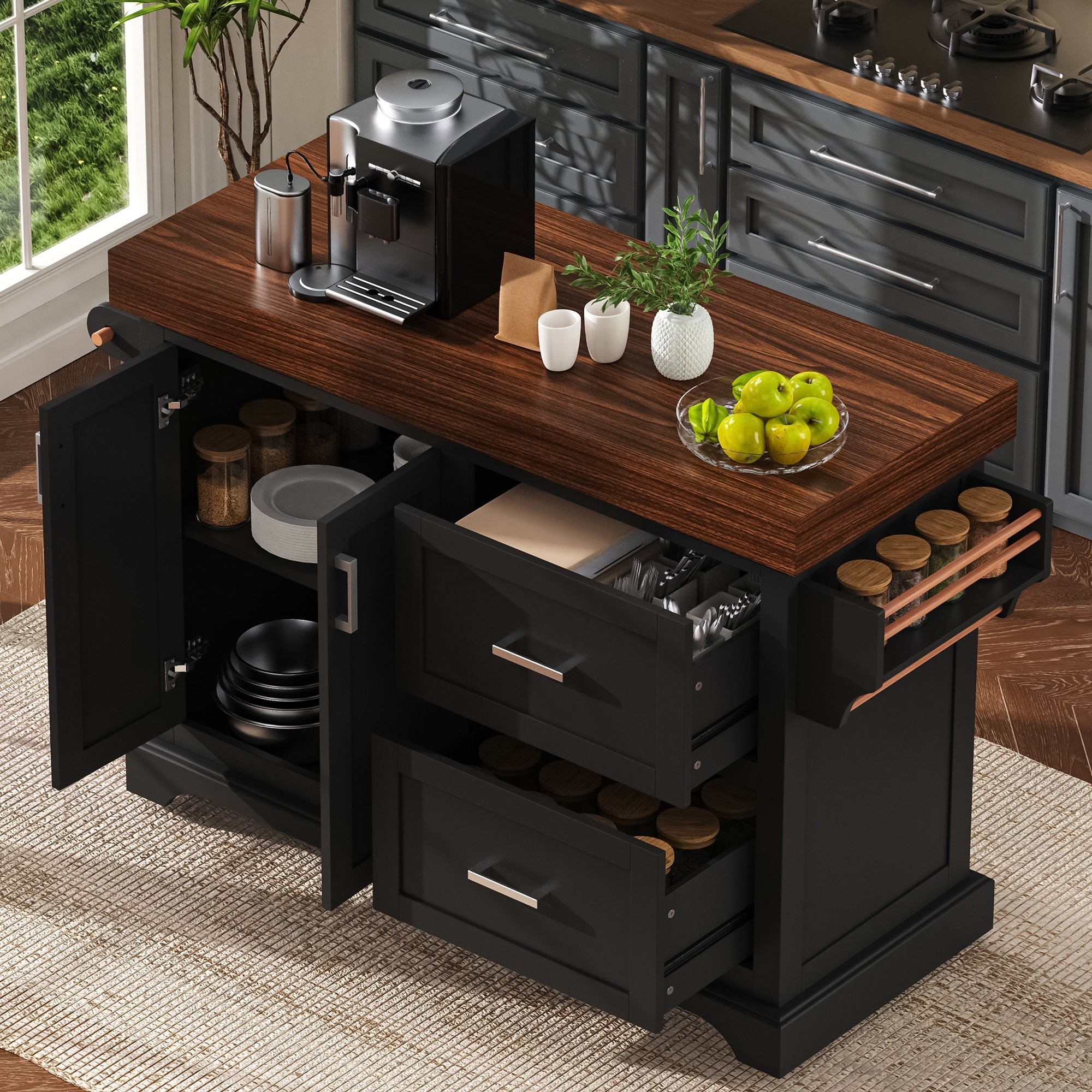 53 Large Kitchen Island With 3.5 Thick Desktop And Spice And Towel Racks Rolling Kitchen Island With Storage On 5 Wheels
