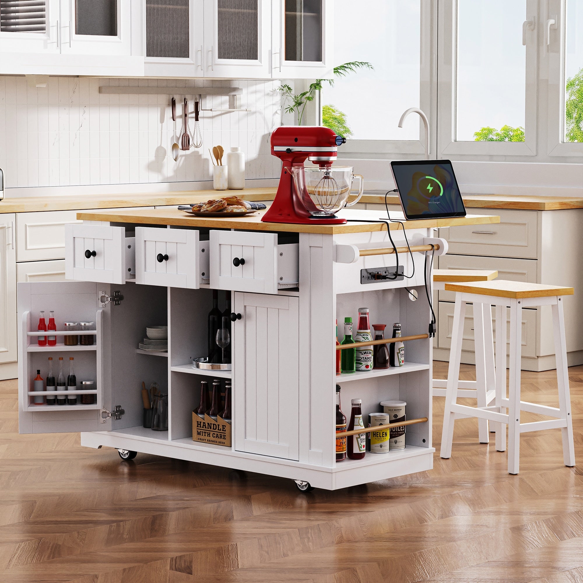 53 Large Kitchen Island With Drop Leaf Power Outlet Door Internal Storage Rack 5 Open Side Racks