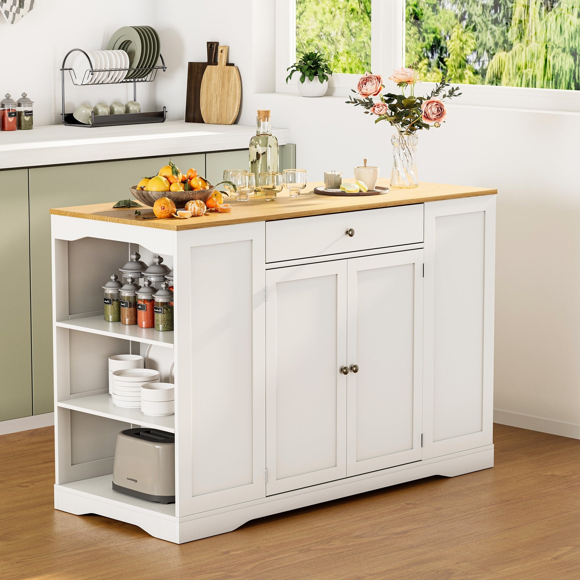 53 Mobile Kitchen Island Cart With Trash Can Cabinet Spice Rack Drawer Towel Bar
