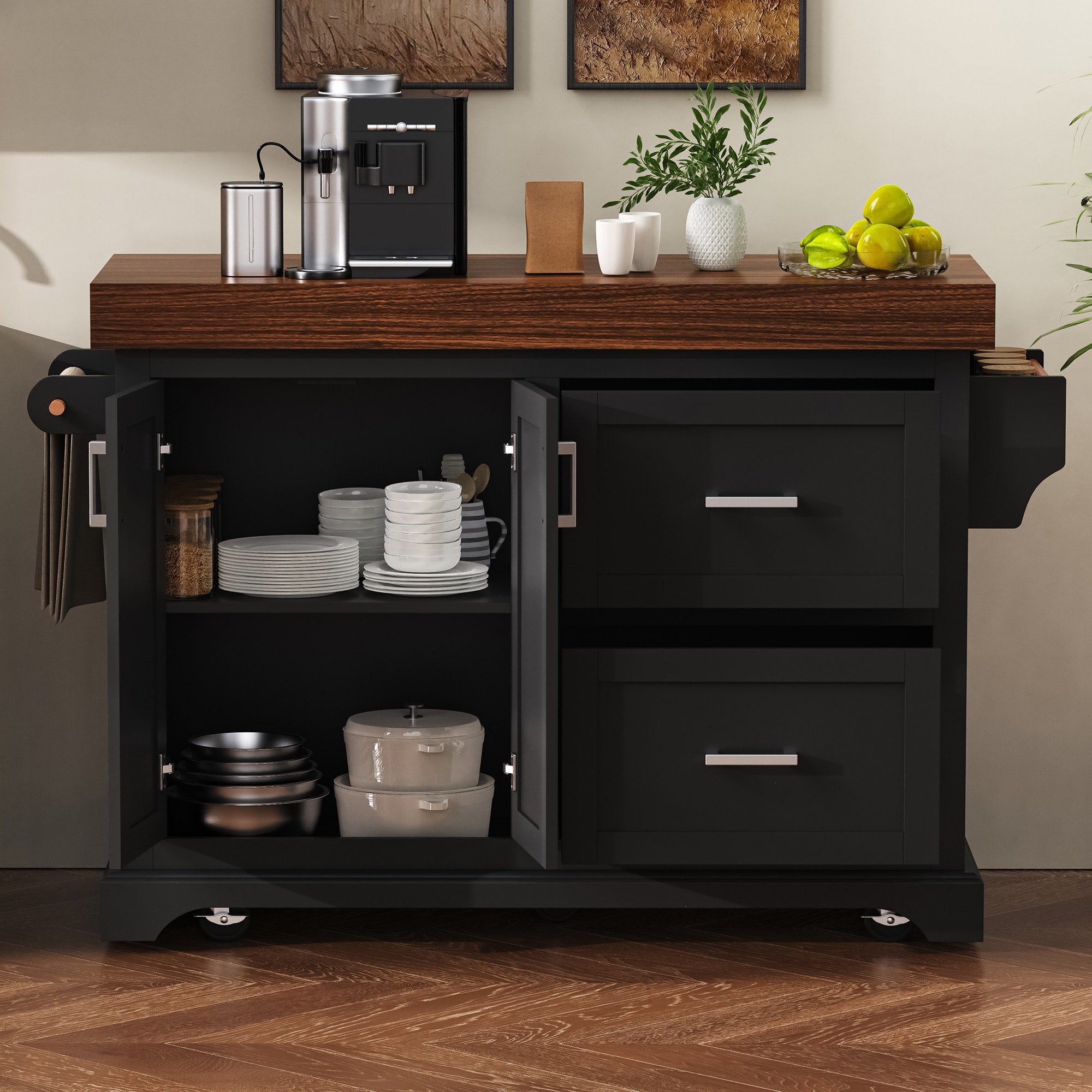53 Rolling Kitchen Island With Spice And Towel Racks Kitchen Storage Cart With Cabinet And Drawers