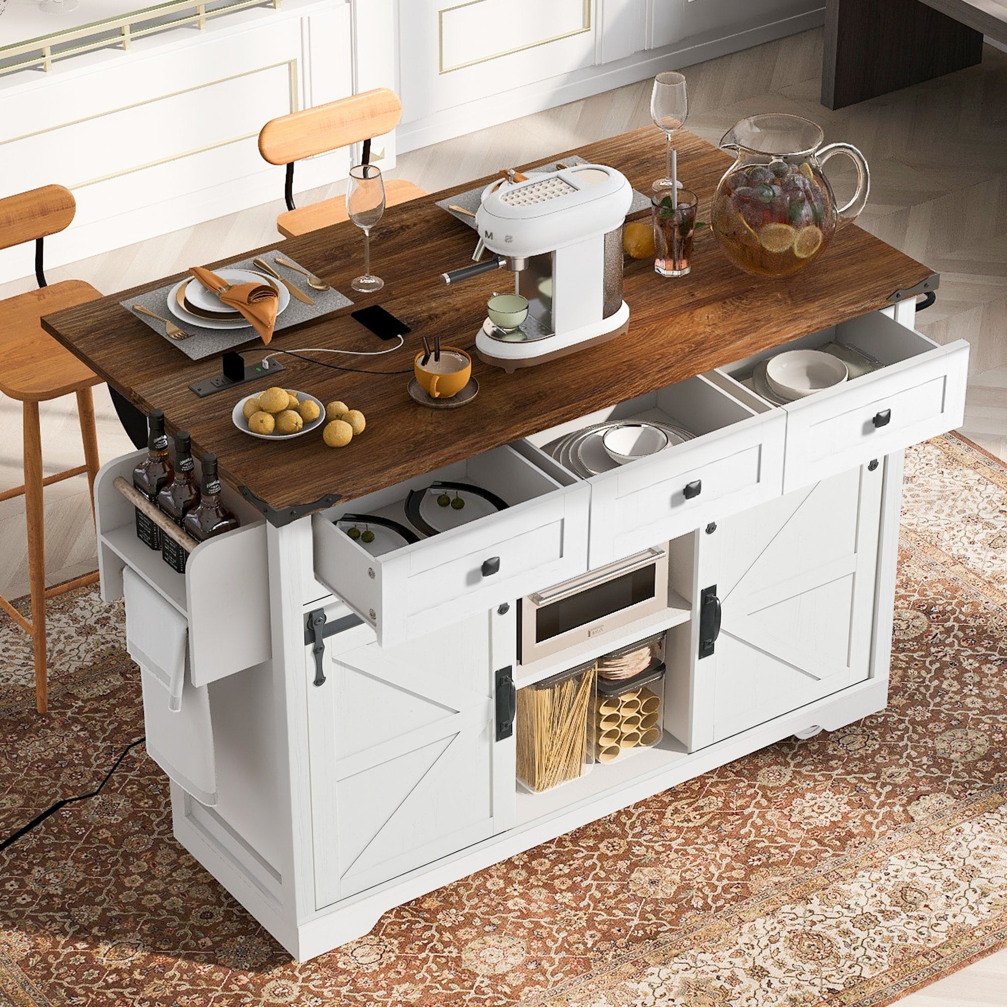 54 Inch Farmhouse Kitchen Island With Sliding Barn Doors Drop Leaf And Wheels