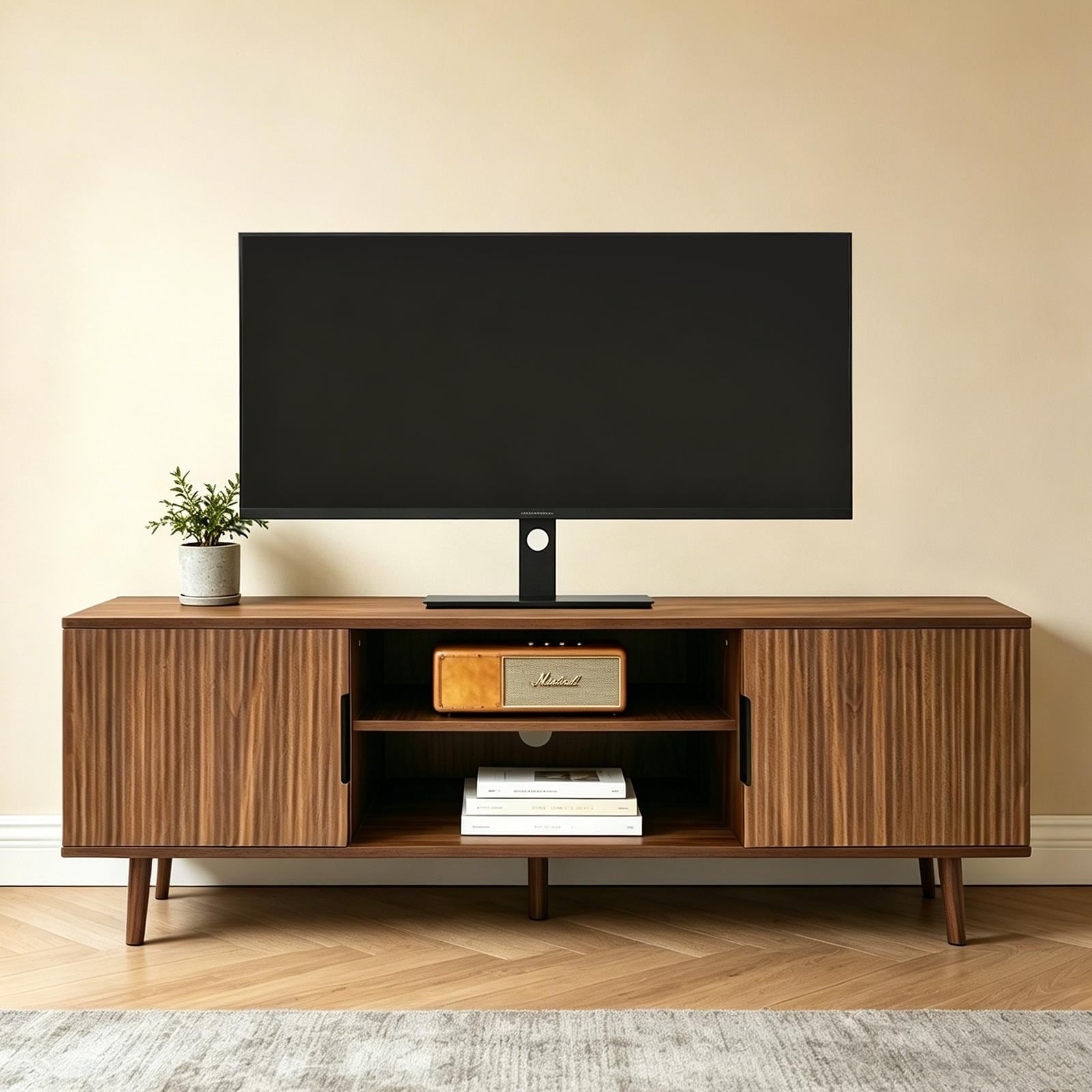 54 Inch Fluted Tv Stand With Open Shelves And Mid Century Design