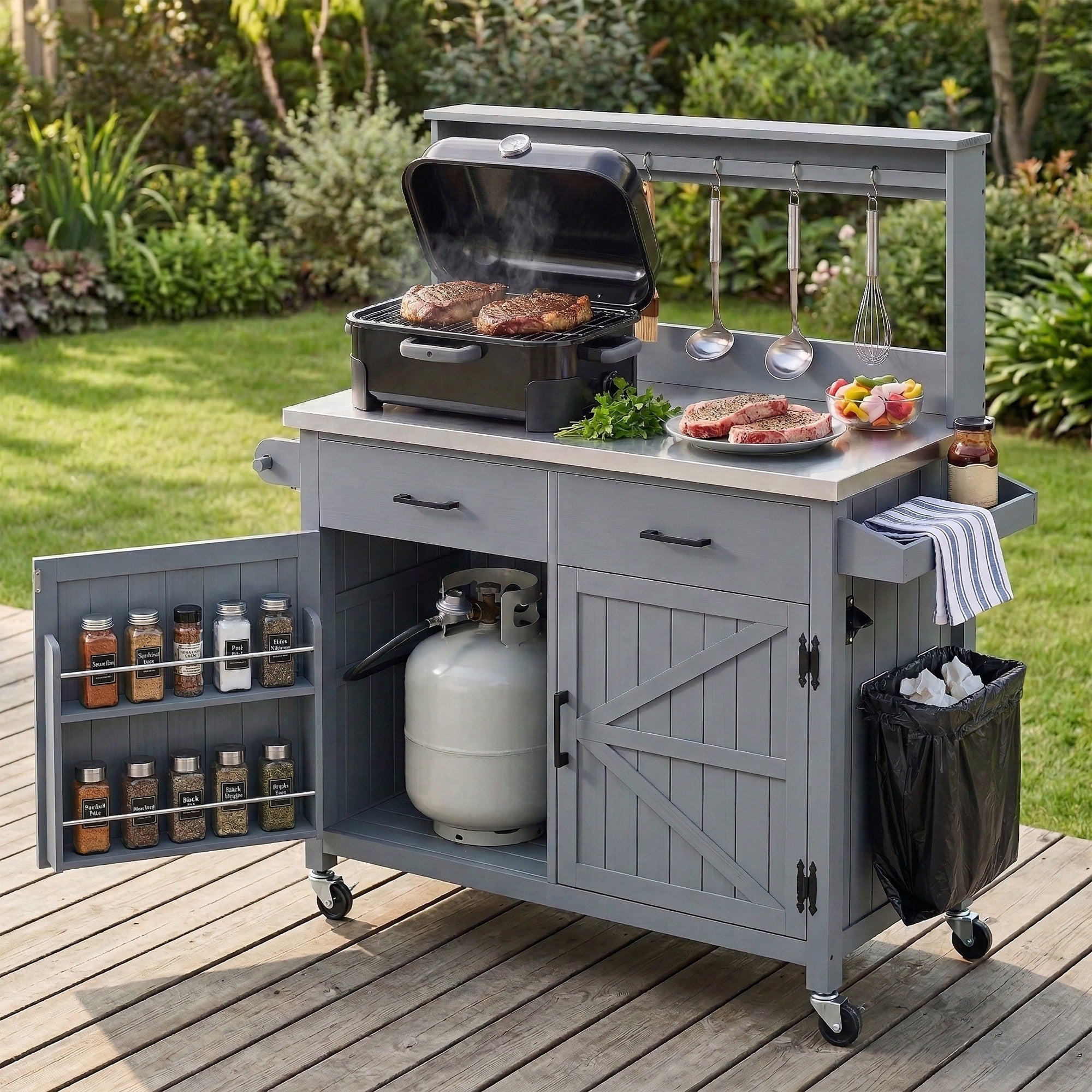 54.1 Outdoor Kitchen Island With High Shelf Large Outdoor Potting Table With Top And Storage Cabinet With Lockable Wheels