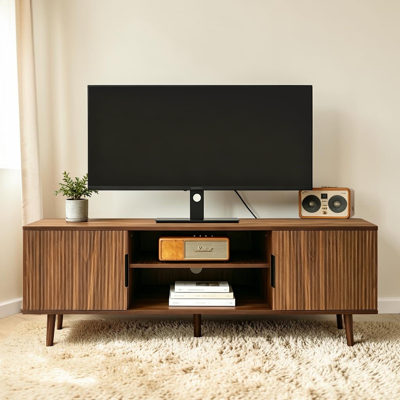 54.3 Mid Century Modern Tv Stand With Fluted Doors Wood Entertainment Center With Storage Cabinets