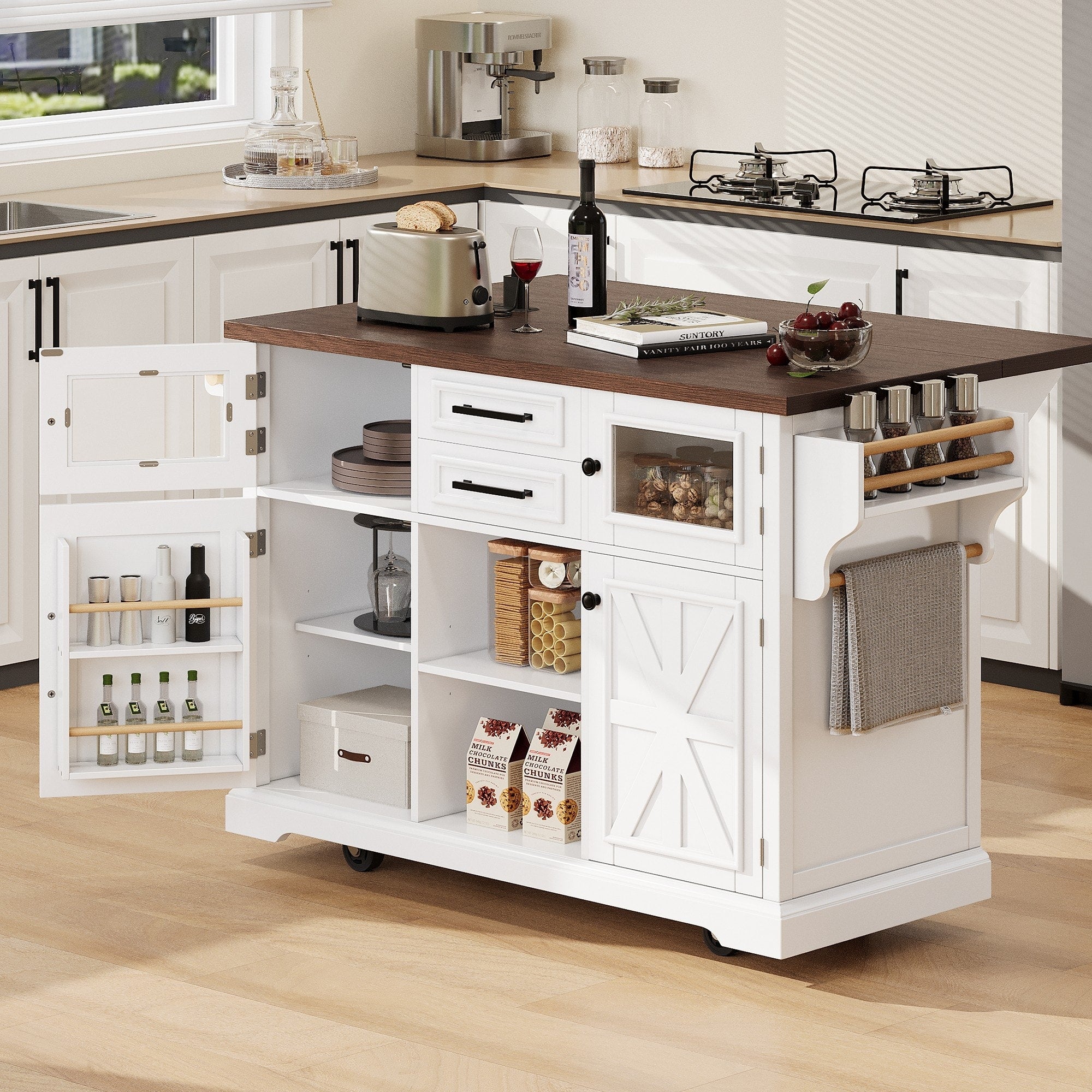 54.9 Kitchen Island With Drop Leaf Power Outlet 4 Door Shelves 4 Wheels