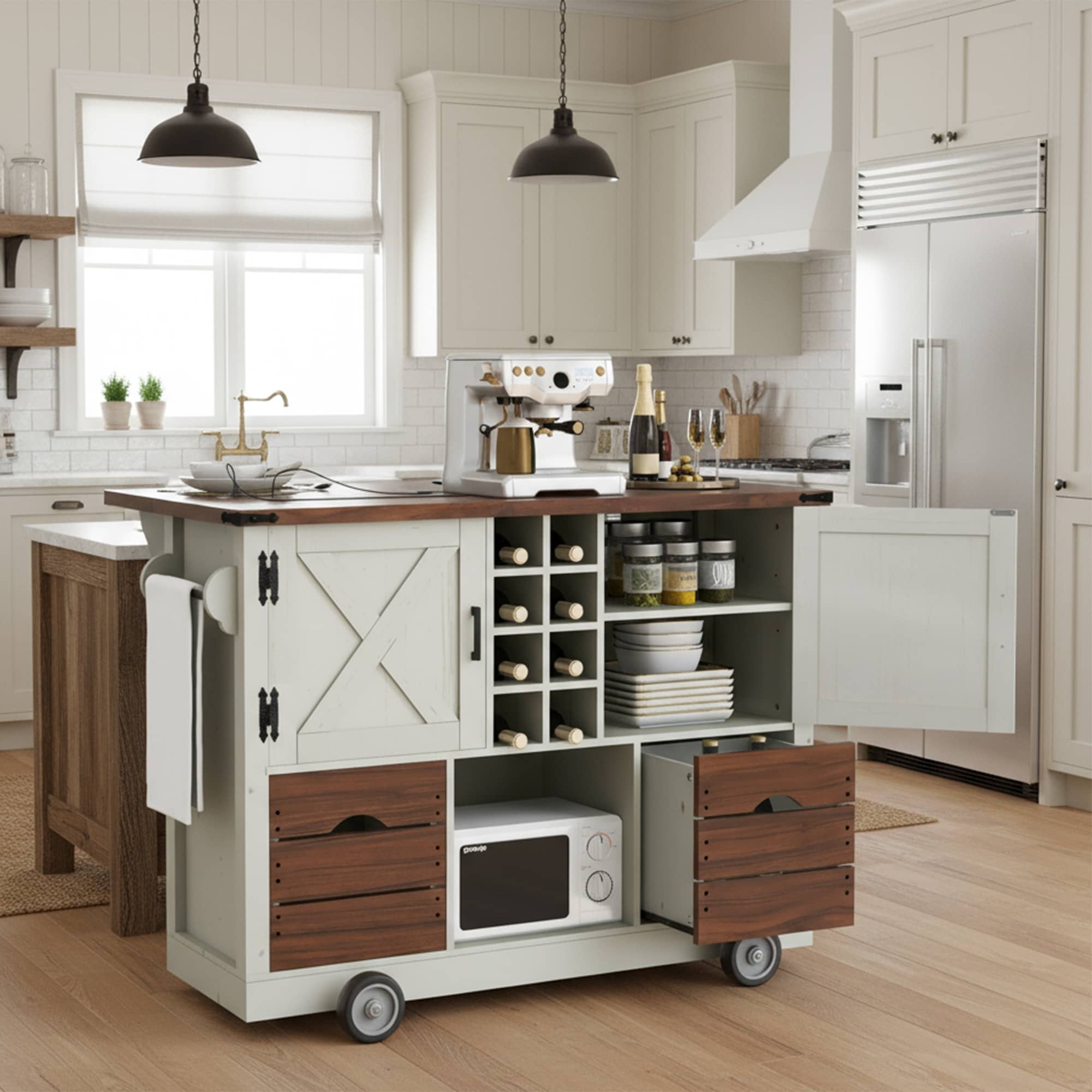 54 Farmhouse Kitchen Island With Drop Leaf Power Outlet 2 Doors 2 Drawers Spice Rack