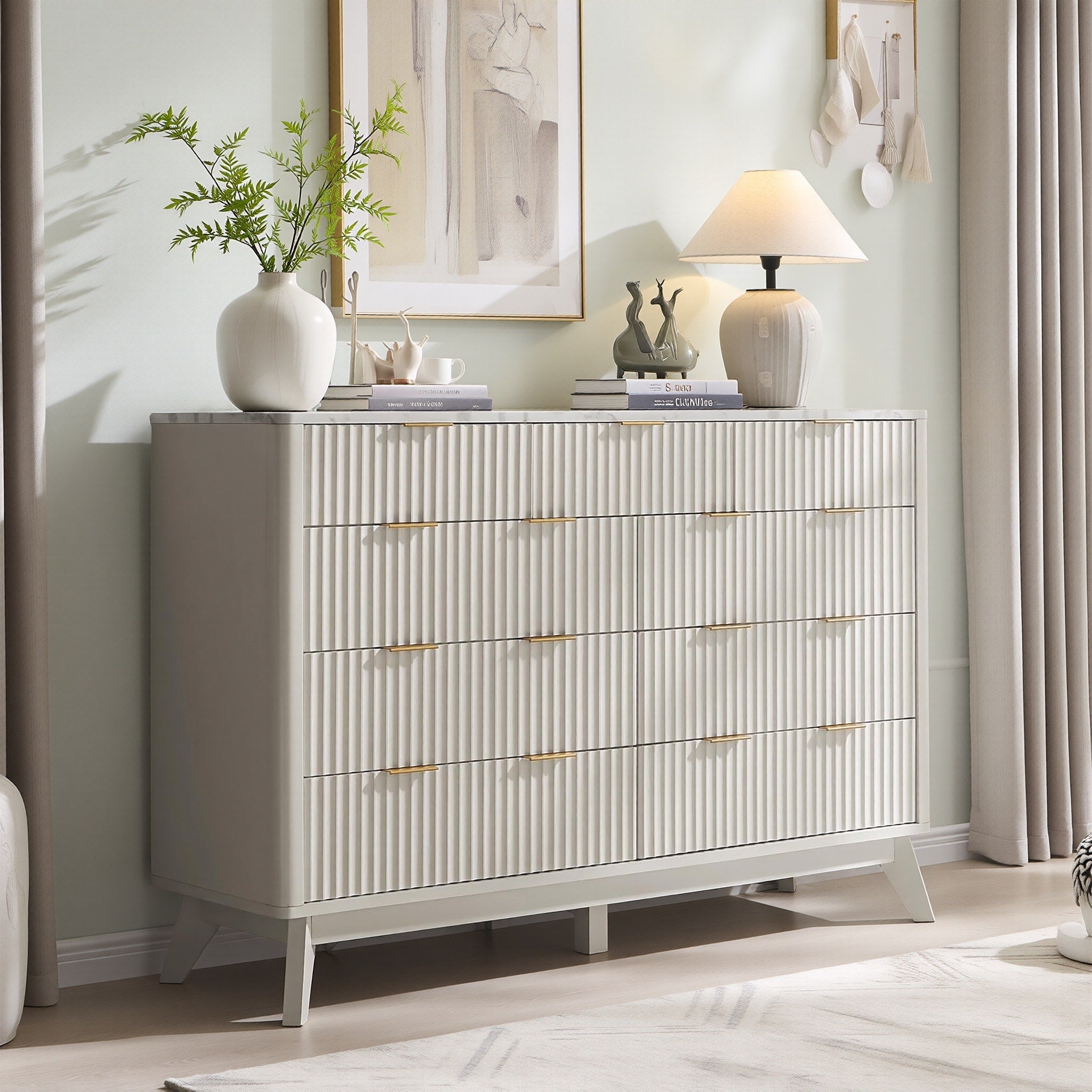 54 Modern Fluted 9 Drawer Dresser Wood Drawer Organizer For Bedroom