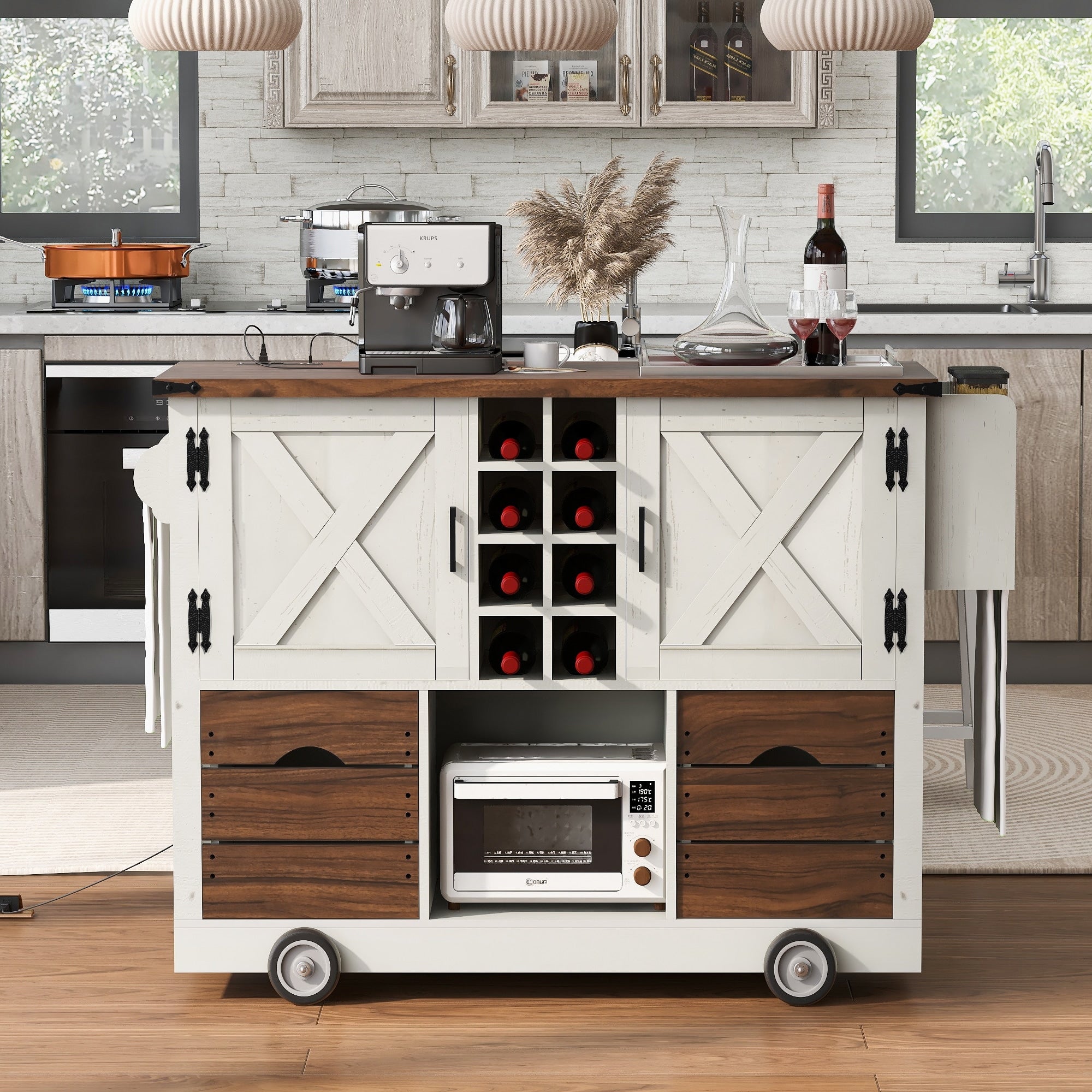 54 Rolling Kitchen Island With Drop Leaf And Power Outlet And 2 Drawers