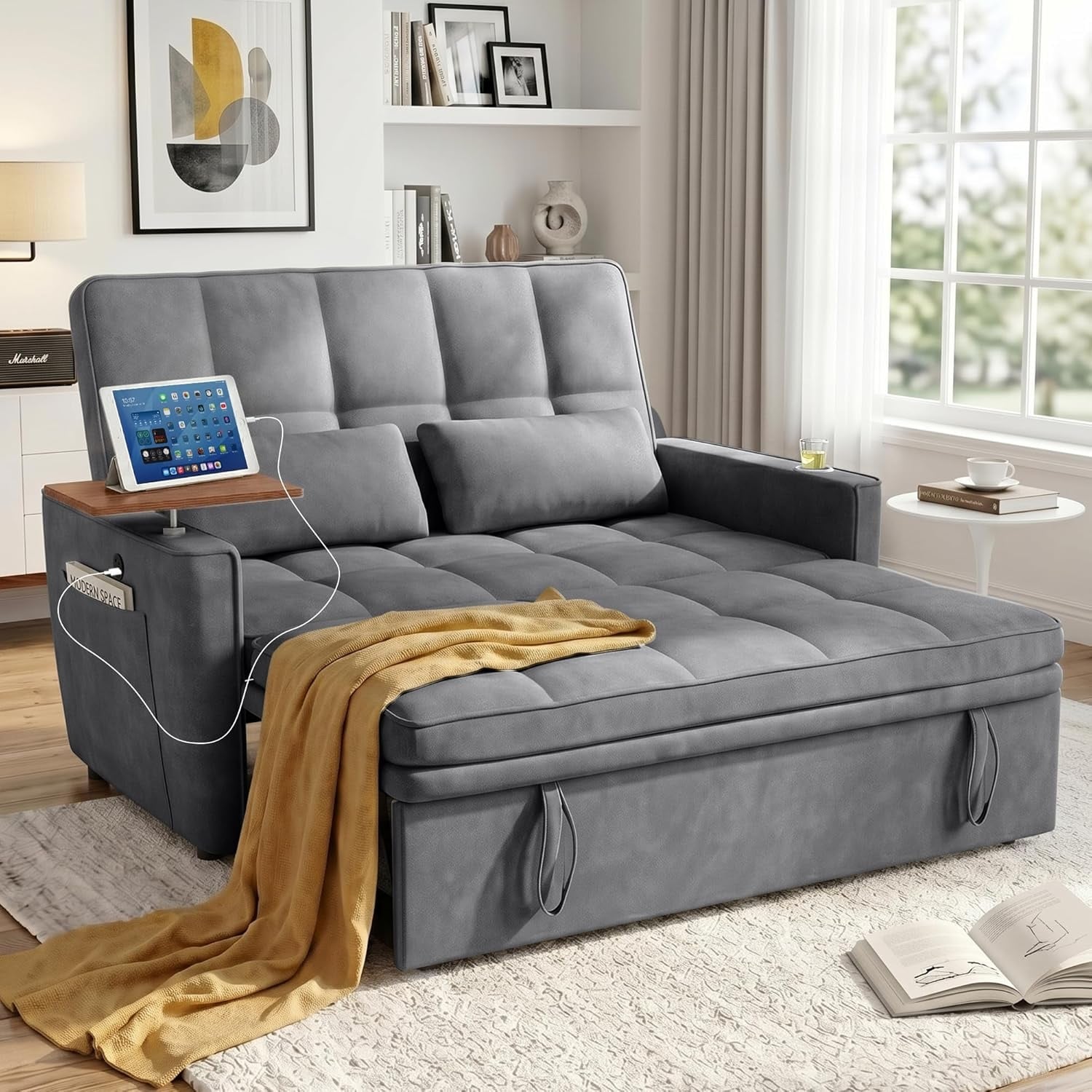 54 Sleeper Sofa Bed Convertible Pull Out Couch Futon With Usb And Side Table