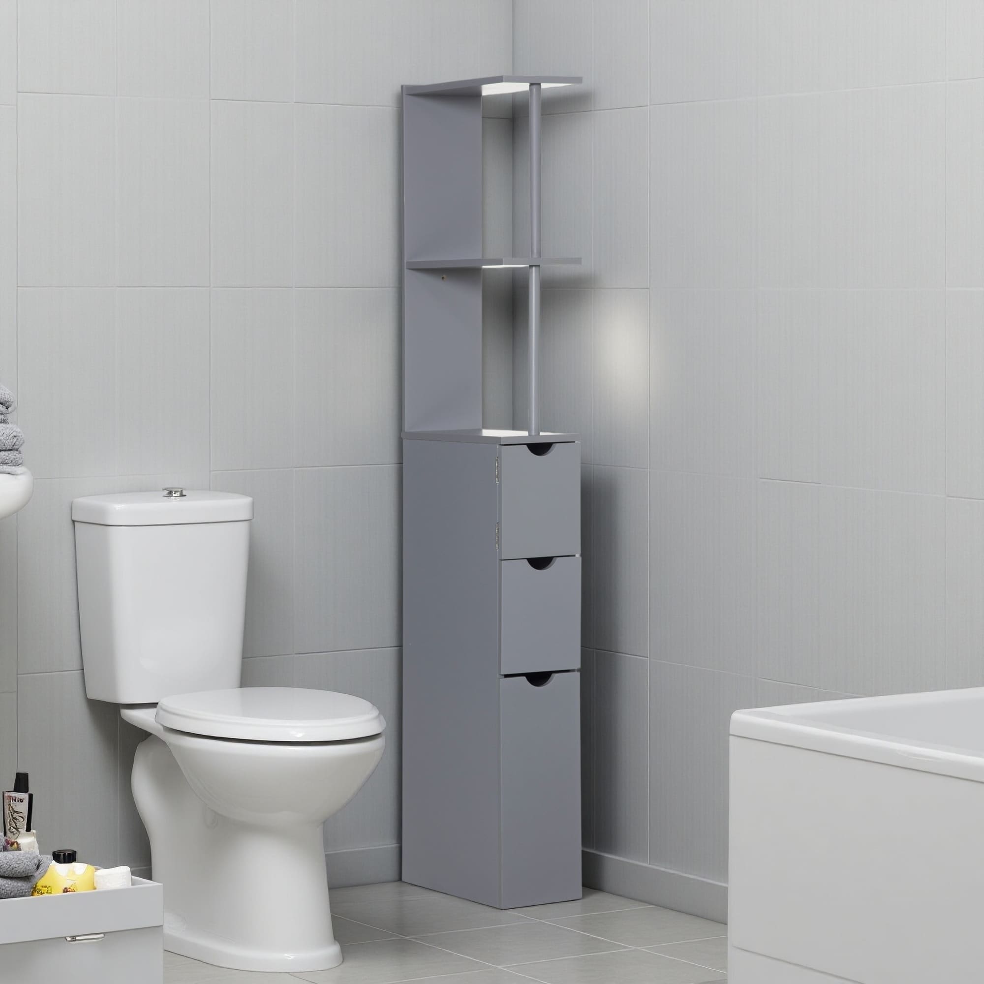 54 Tall Bathroom Storage Cabinet Freestanding Linen Tower With 2 Tier Shelf And Drawers Narrow Side Floor Organizer