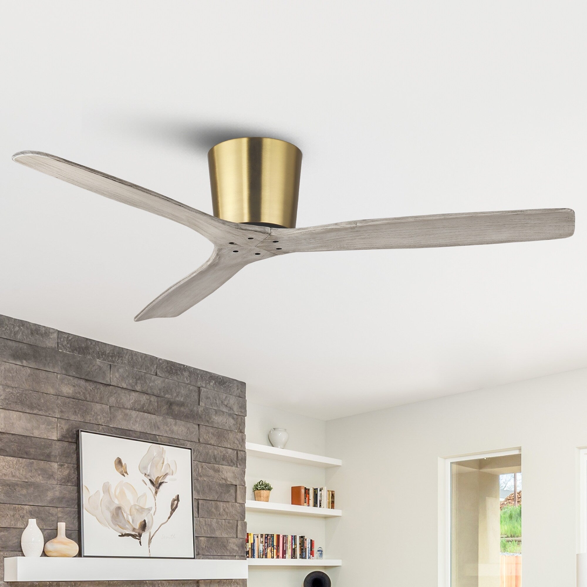 54 Transition Gold Solid Wood 3 Blade Flush Mount Ceiling Fan With Remote No Light