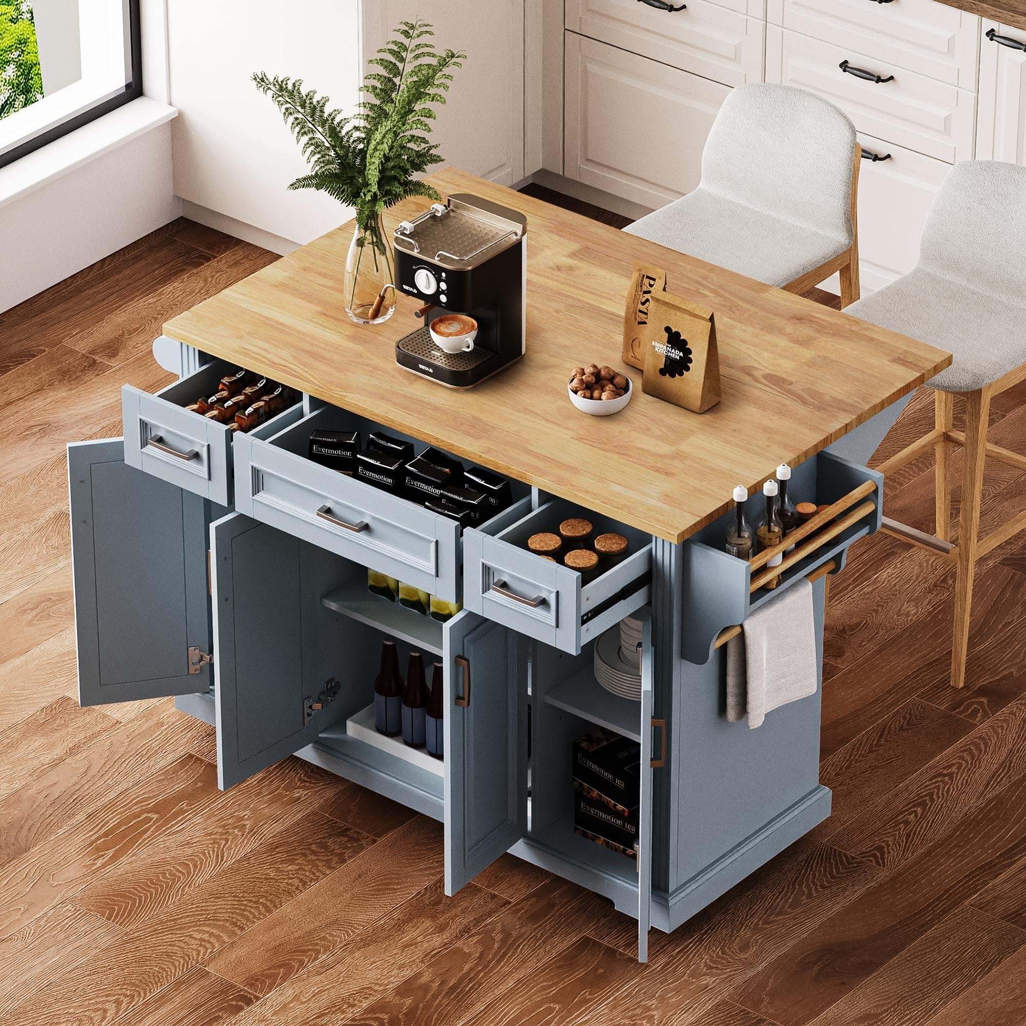54 Large Kitchen Island With Rubber Wood Drop Leaf Embossed Texture Rolling Kitchen Cart On 4 Wheels With 4 Doors And 3 Drawers