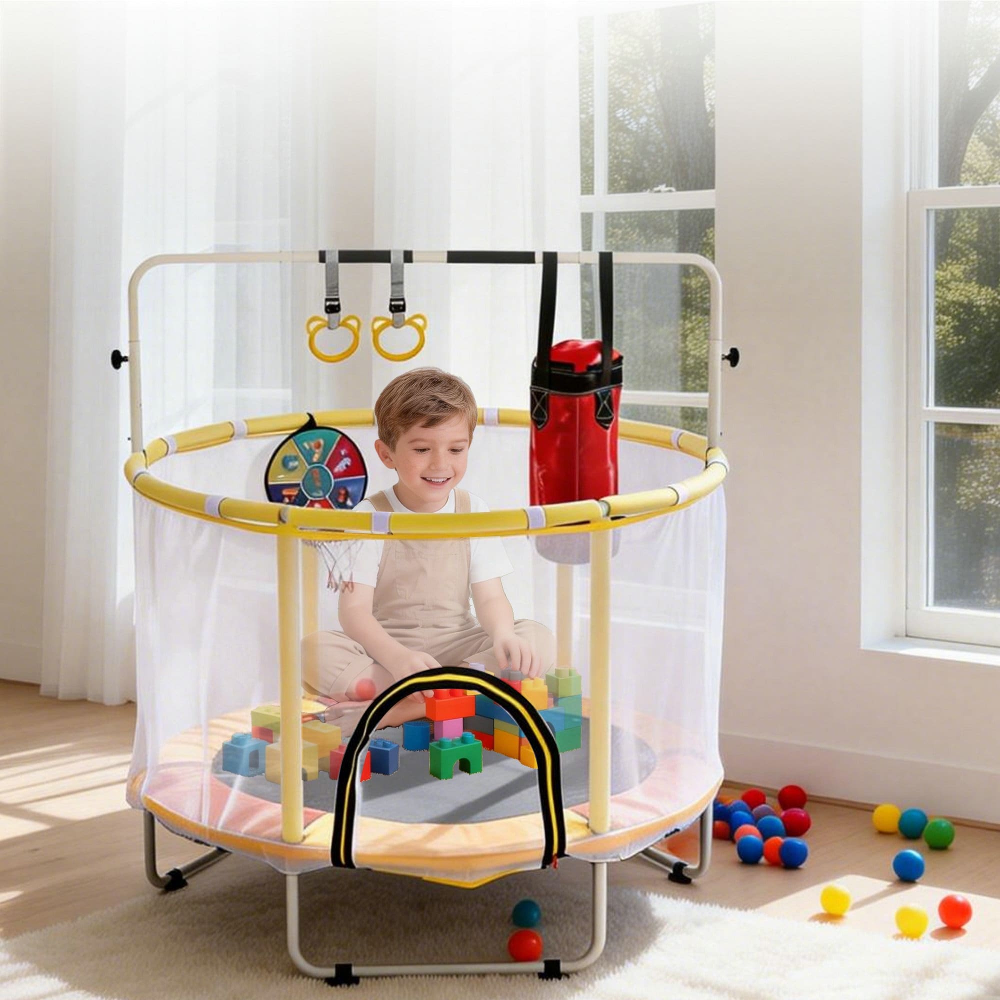 54 Mini Trampoline With Safety Net Antislip Safe Design With Boxing Bag Ring And Basketball Hoop With Adjustable Gym Bar