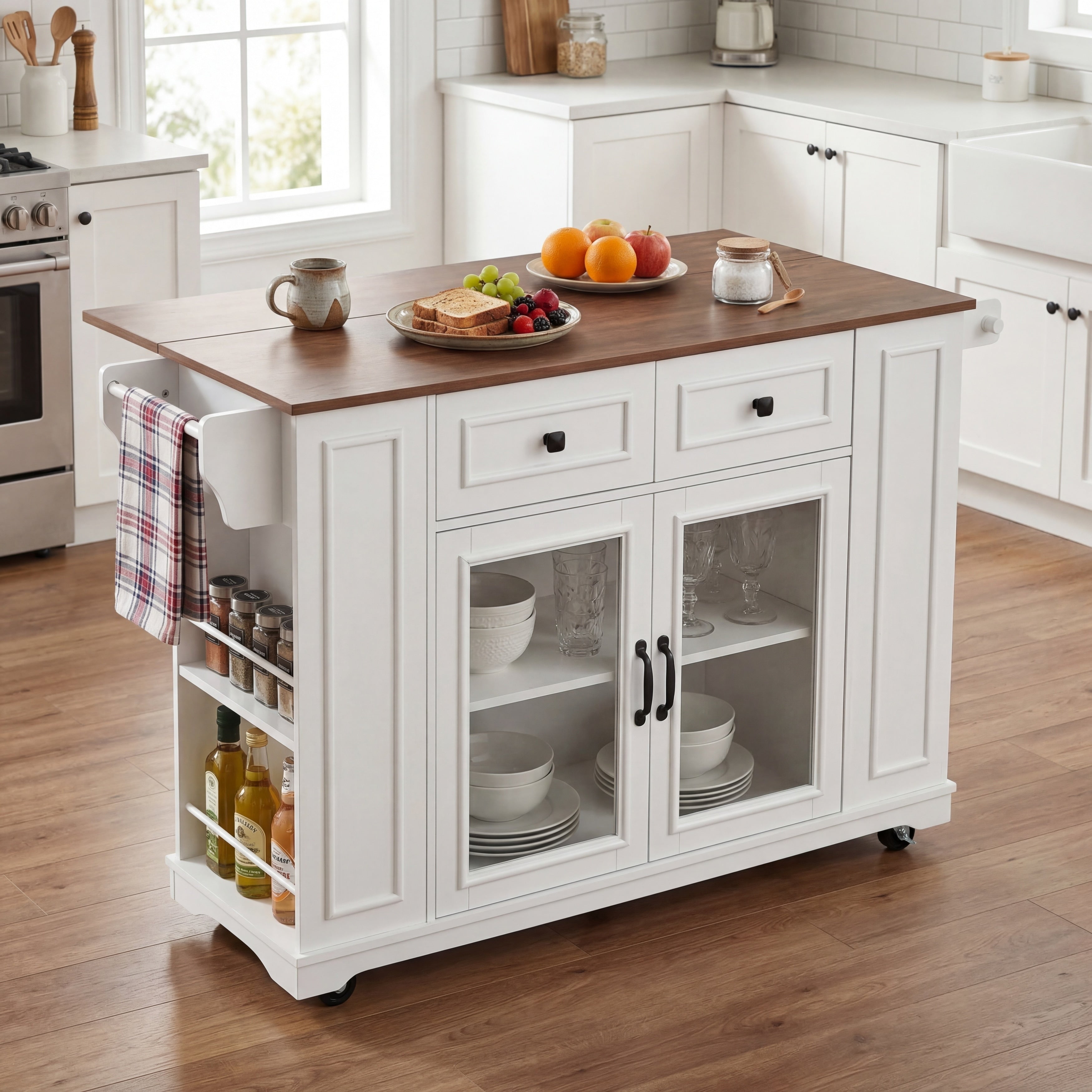 54 Mobile Kitchen Island With Glass Door Storage Power Outlet Open Shelves With Towel Rack Spice Rack Knife Holder