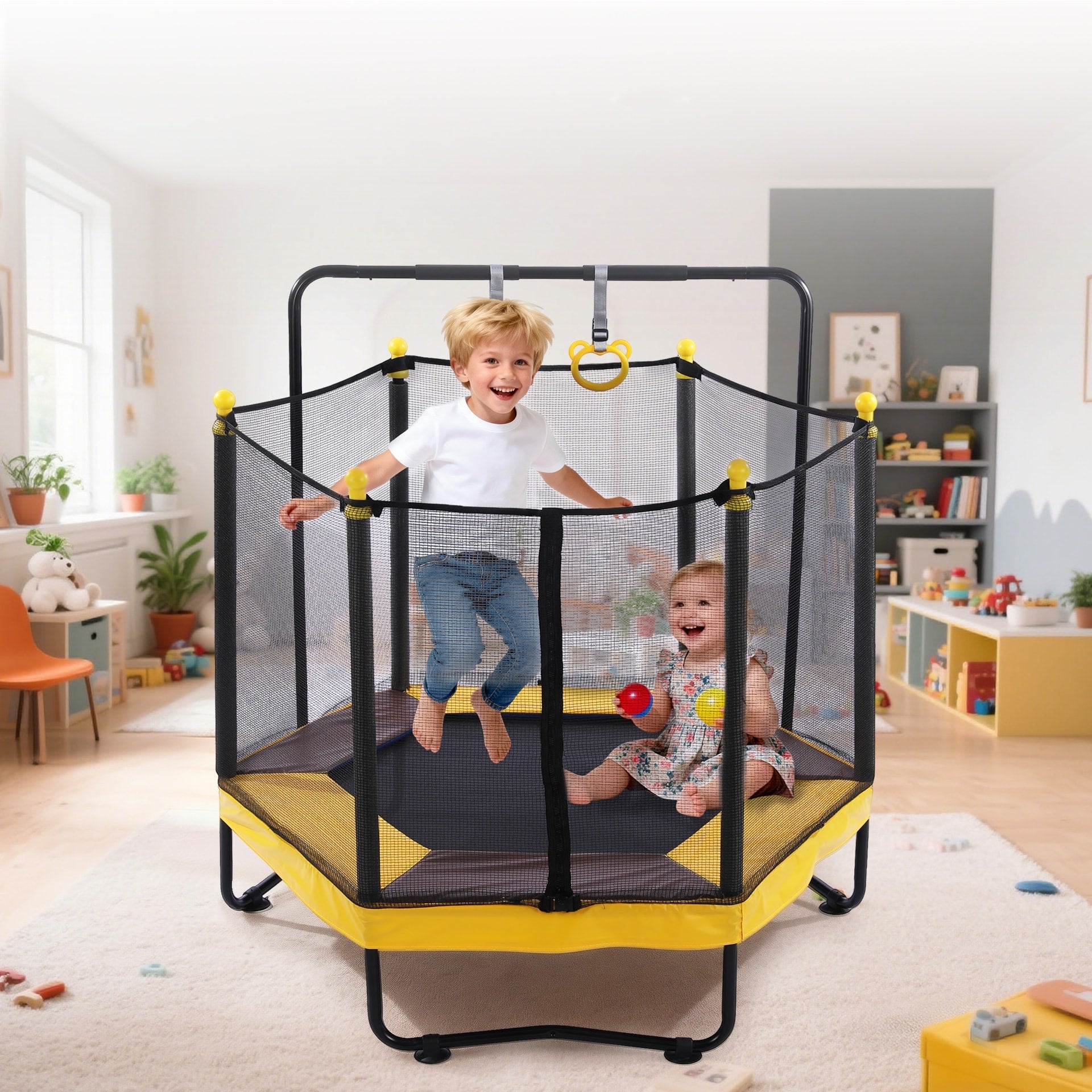 54 Trampoline For Kids With Enclosure Trampoline With Adjustable Gymnastics Bar Ring Basketball Hoop Boxing Bag And Ocean Ball