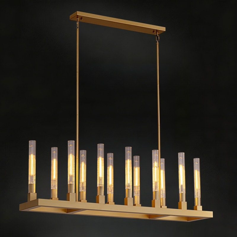 54 Gold Farmhouse Rectangular Chandelier 12 Light Kitchen Island Lighting With Glass Tube Shades For Living Room Foyer N A