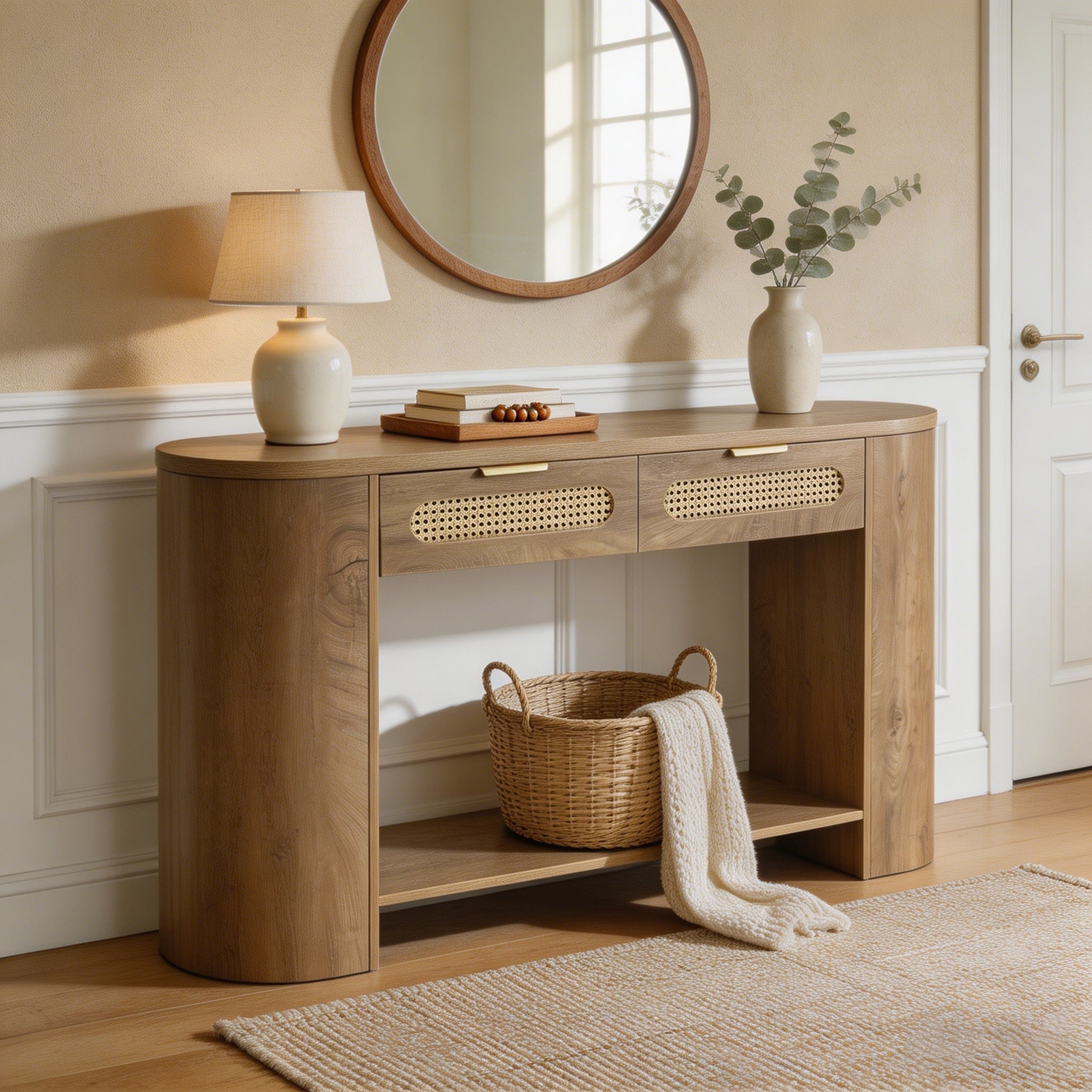 55 Inch Curved Light Oak Entryway Table With 2 Rattan Drawers And Storage For Hallway Living Room Foyer
