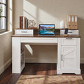 55 Inch Farmhouse Office Desk With Storage Cabinet And Charging Station Barn Door Computer Desk With Monitor Stand