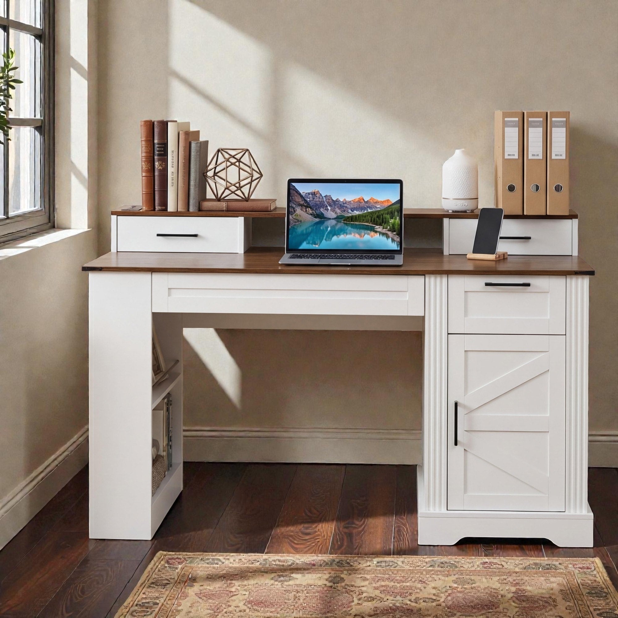 55 Inch Farmhouse Office Desk With Storage Cabinet And Charging Station Barn Door Computer Desk With Monitor Stand