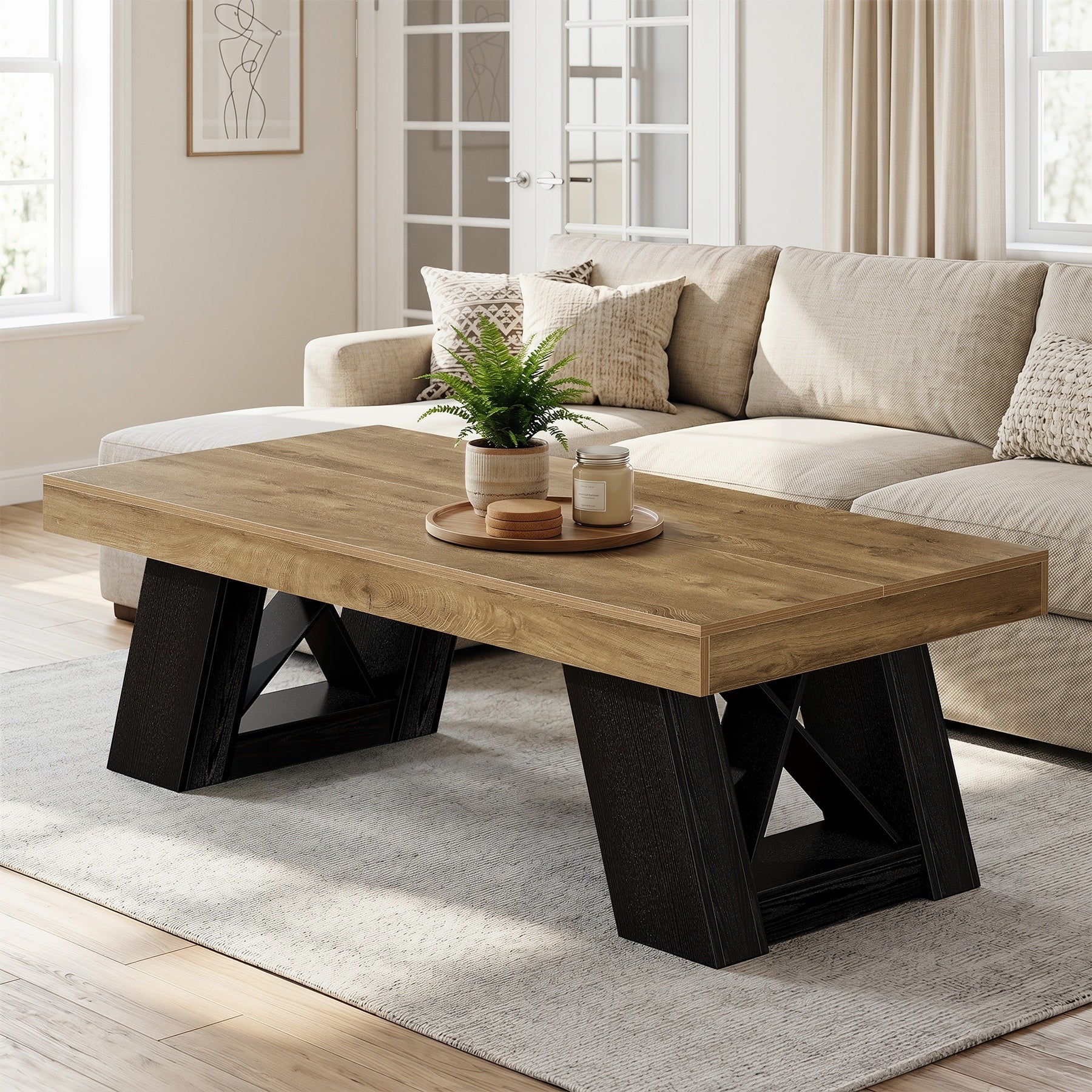 55 Inch Industrial Wood Coffee Center Table For Living Room