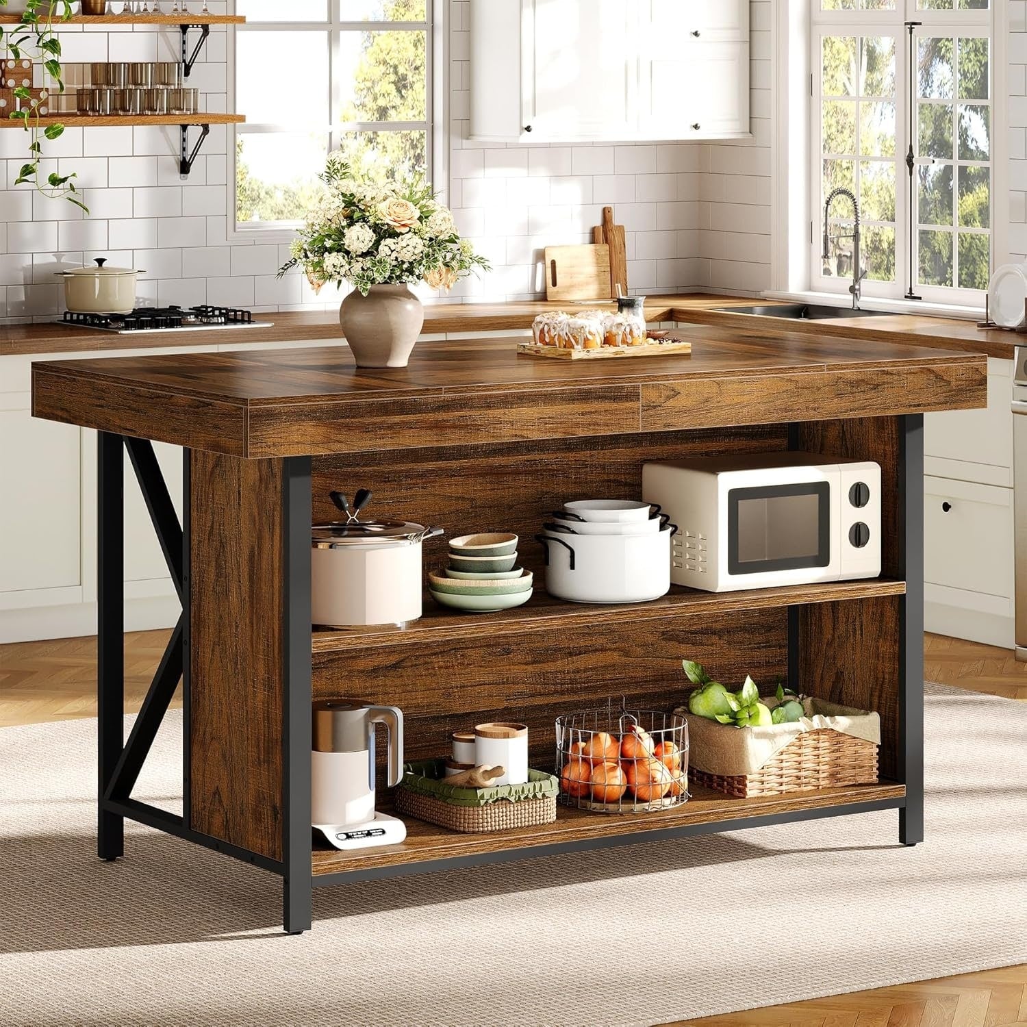 55 Inch Kitchen Island With Storage Wooden Stationary Island Table