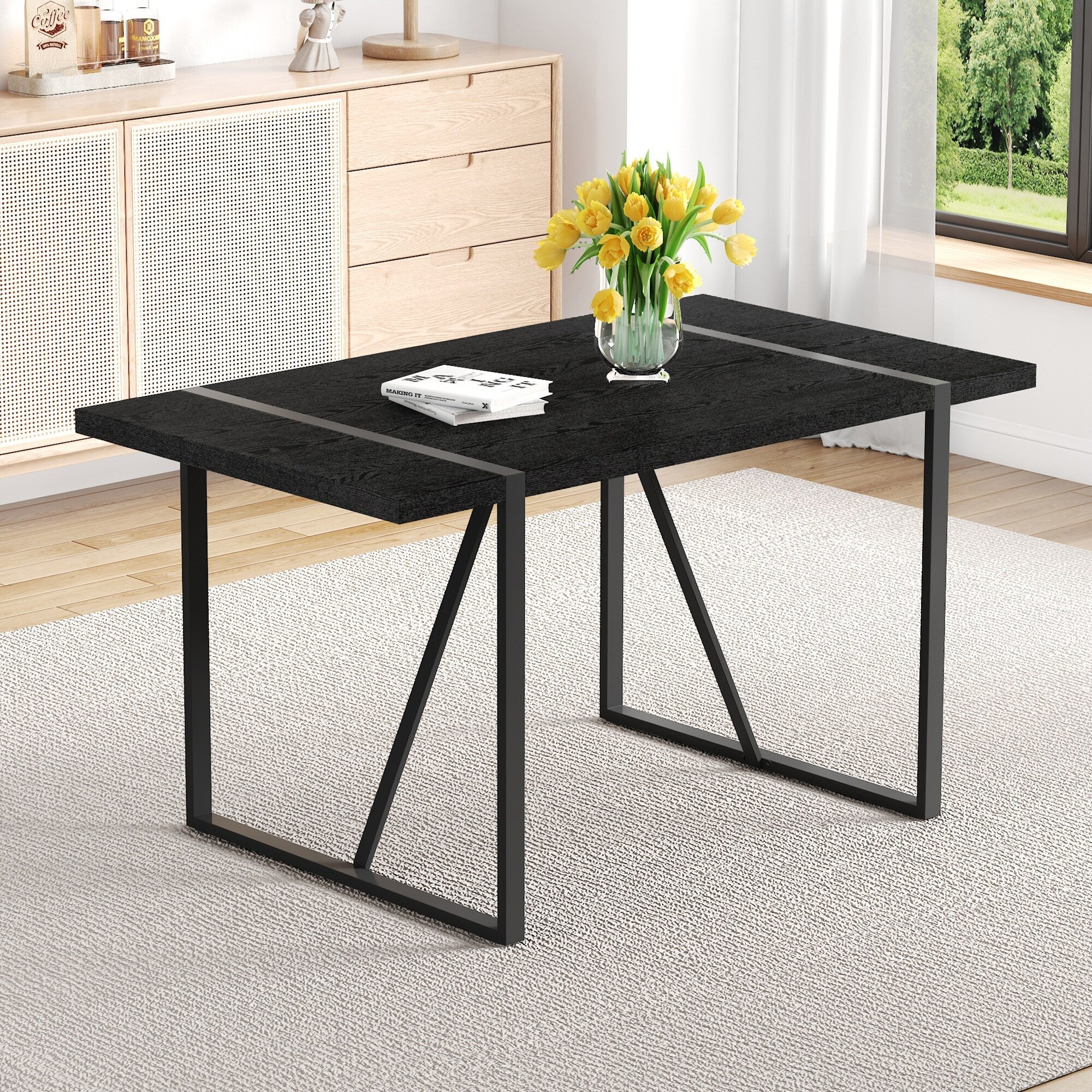 55 Inch Minimalist Retro Rectangular Dining Table Black Textured Top With Inset Black Metal Legs