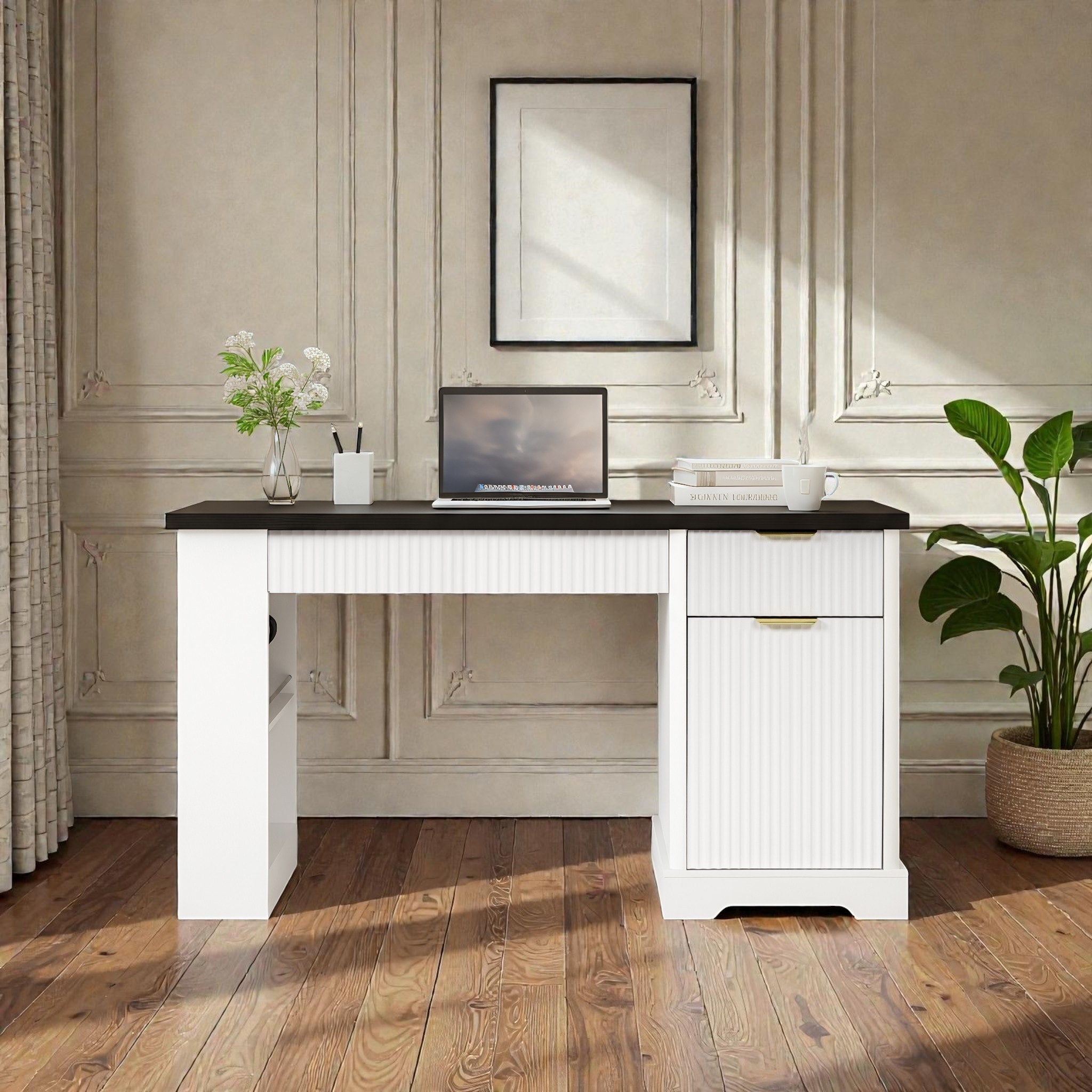 55 Inch Modern Fluted Office Desk With Storage Cabinet And Drawers Computer Desk With Power Outlet Pegboard