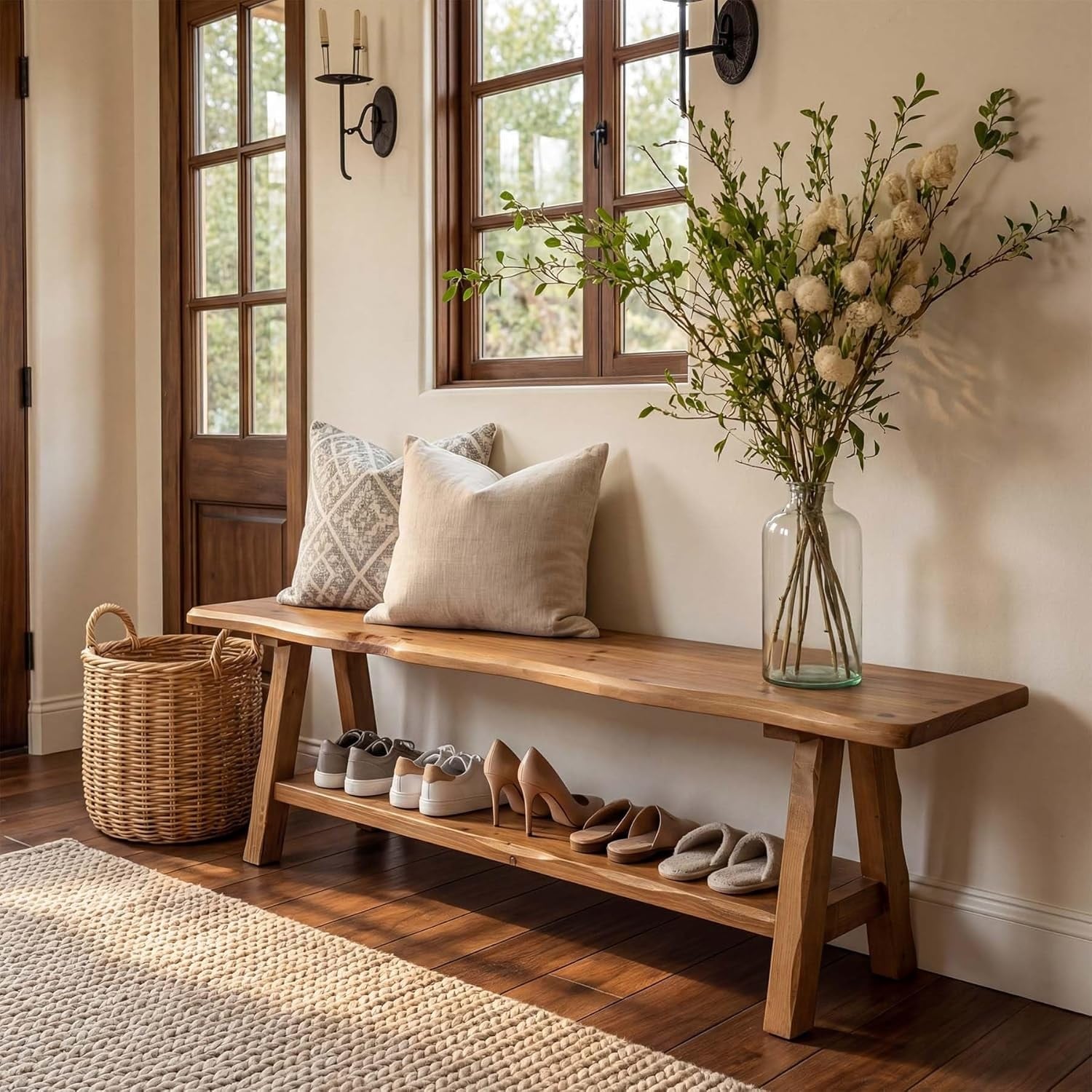 55 Inch Solid Wood Entryway Bench Farmhouse Long End Of Bed Bench With Live Edge