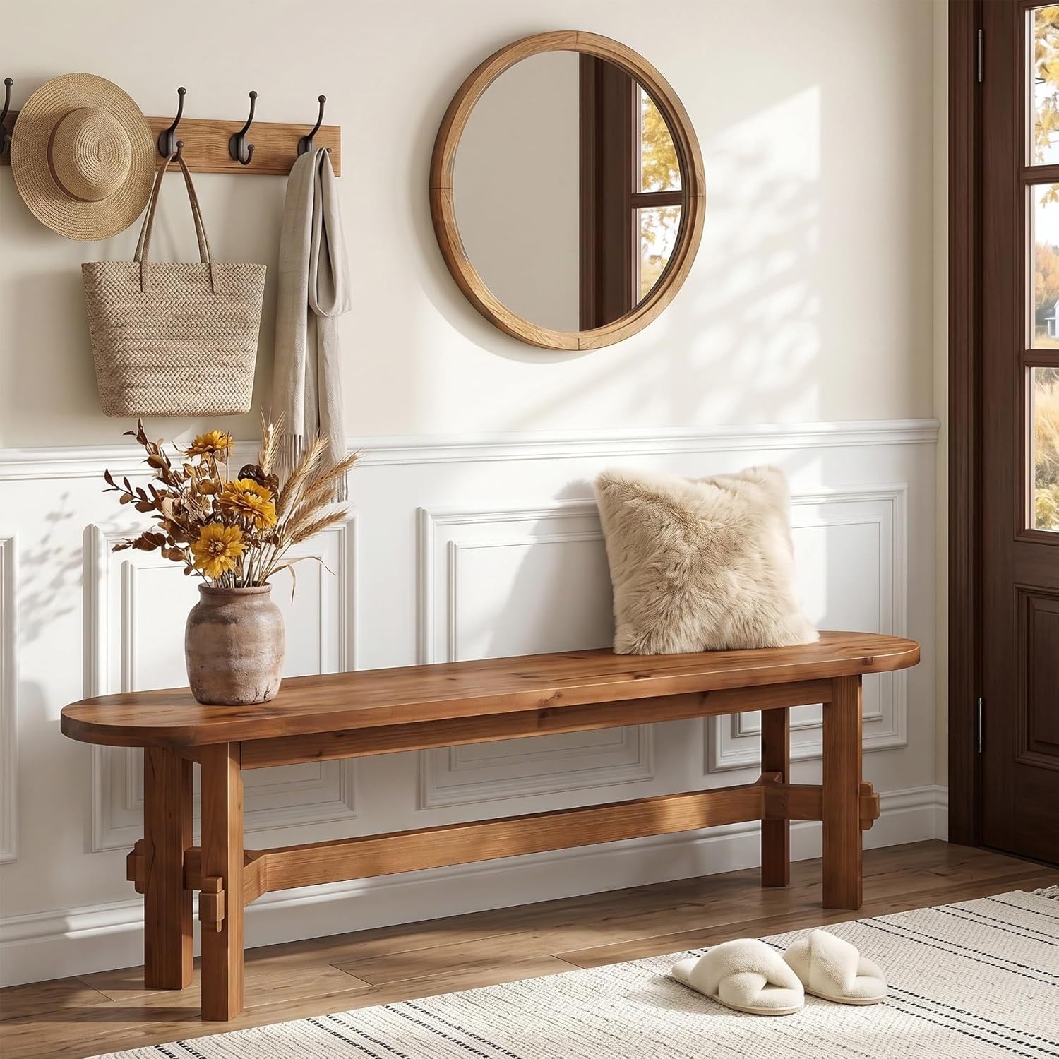 55 Inch Solid Wood Entryway Bench Farmhouse Wooden Shoe Bench Rustic Indoor Bench For Dining Table 55.1 W X 11.8 D X 17.7 H
