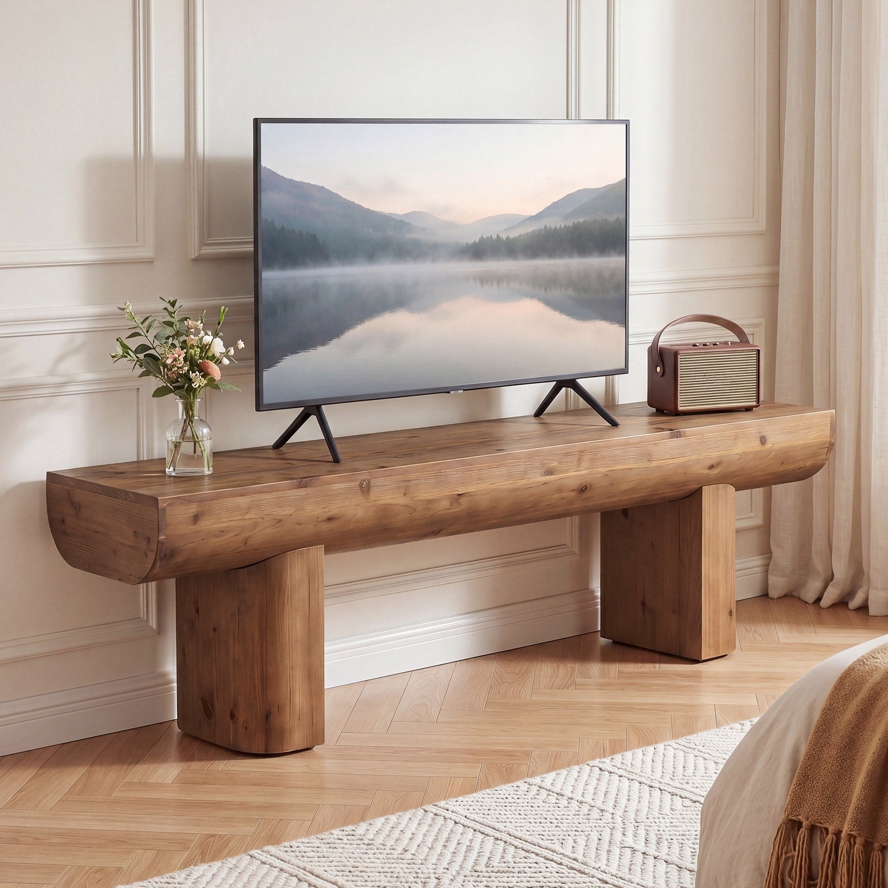 55 Inch Solid Wood Tv Stand Tv Entertainment Center For Living Room Bedroom Long Media Console For Tvs Up To 65