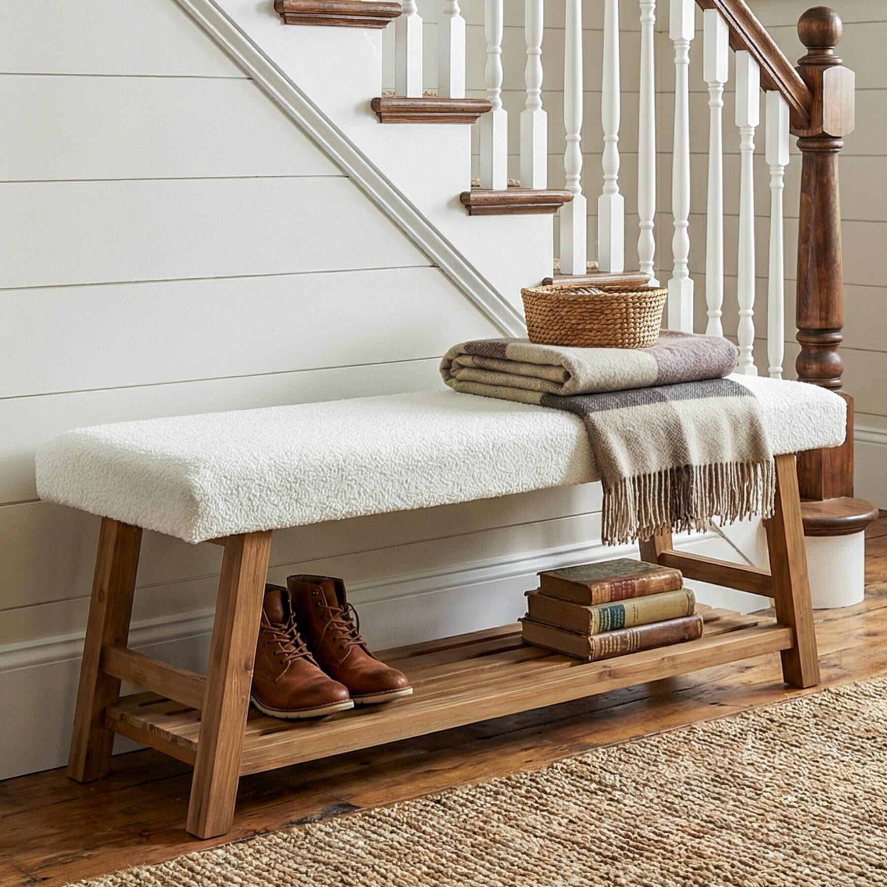 55 Inch Upholstered Shoe Rack Bench With Cushion For Entryway Bedroom Kitchen Dining Room Solid Wood Bench Seating