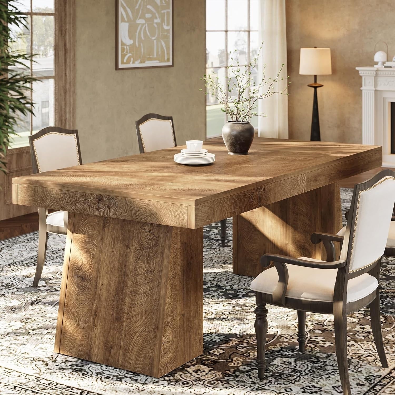 55 Inch Wood Rectangular Farmhouse Dining Table For 4 6 People