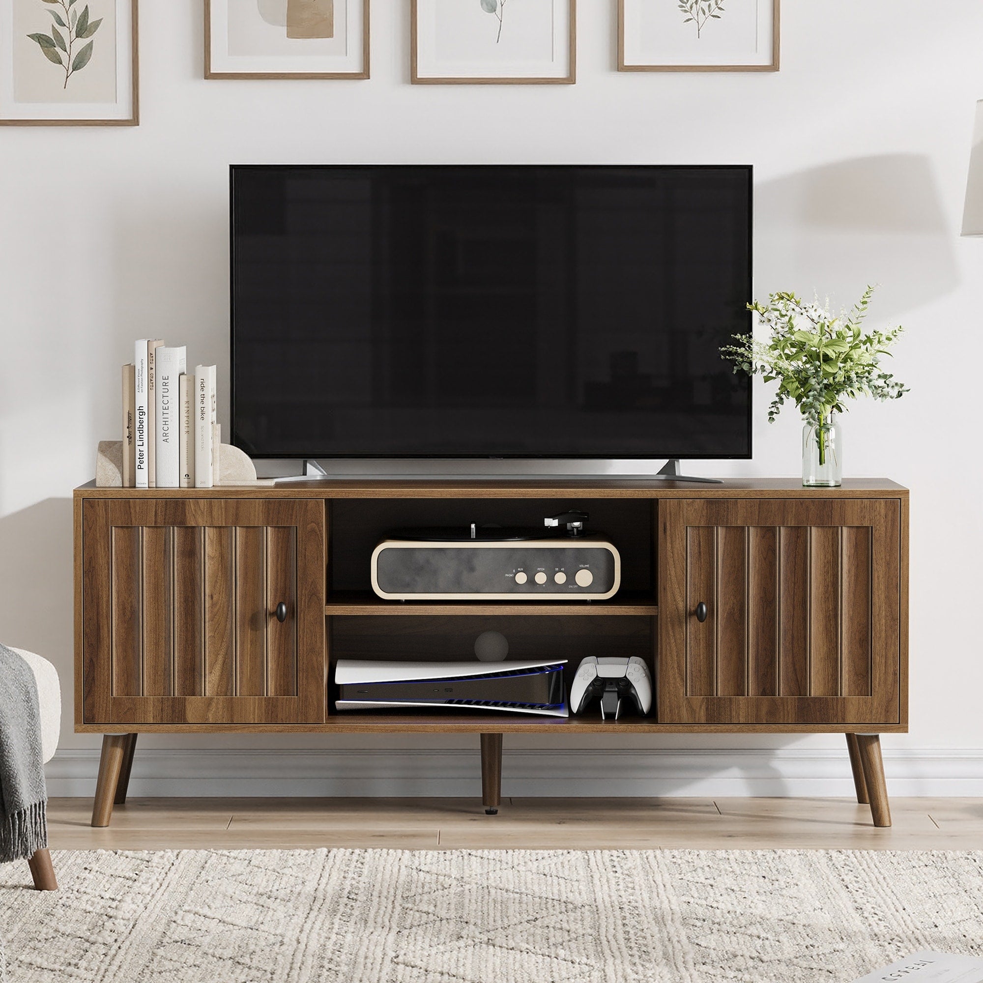 55 Inch Wooden Tv Cabinet With 2 Vertical Groove Doors Adjustable Storage Shelves Living Room Storage Cabinet