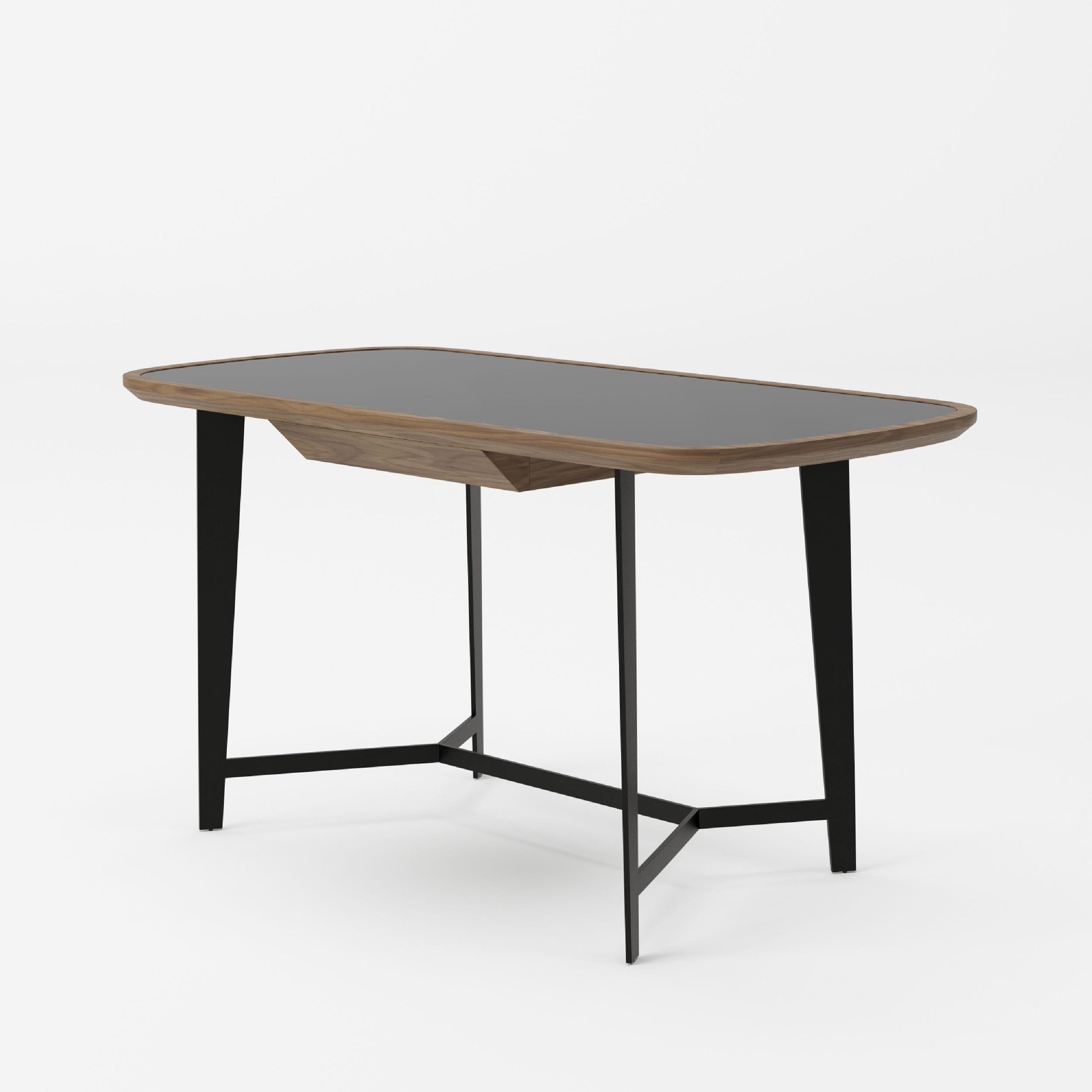 55 Inch Writing Desk Brown Walnut W Black Glass Insert Top Steel Base
