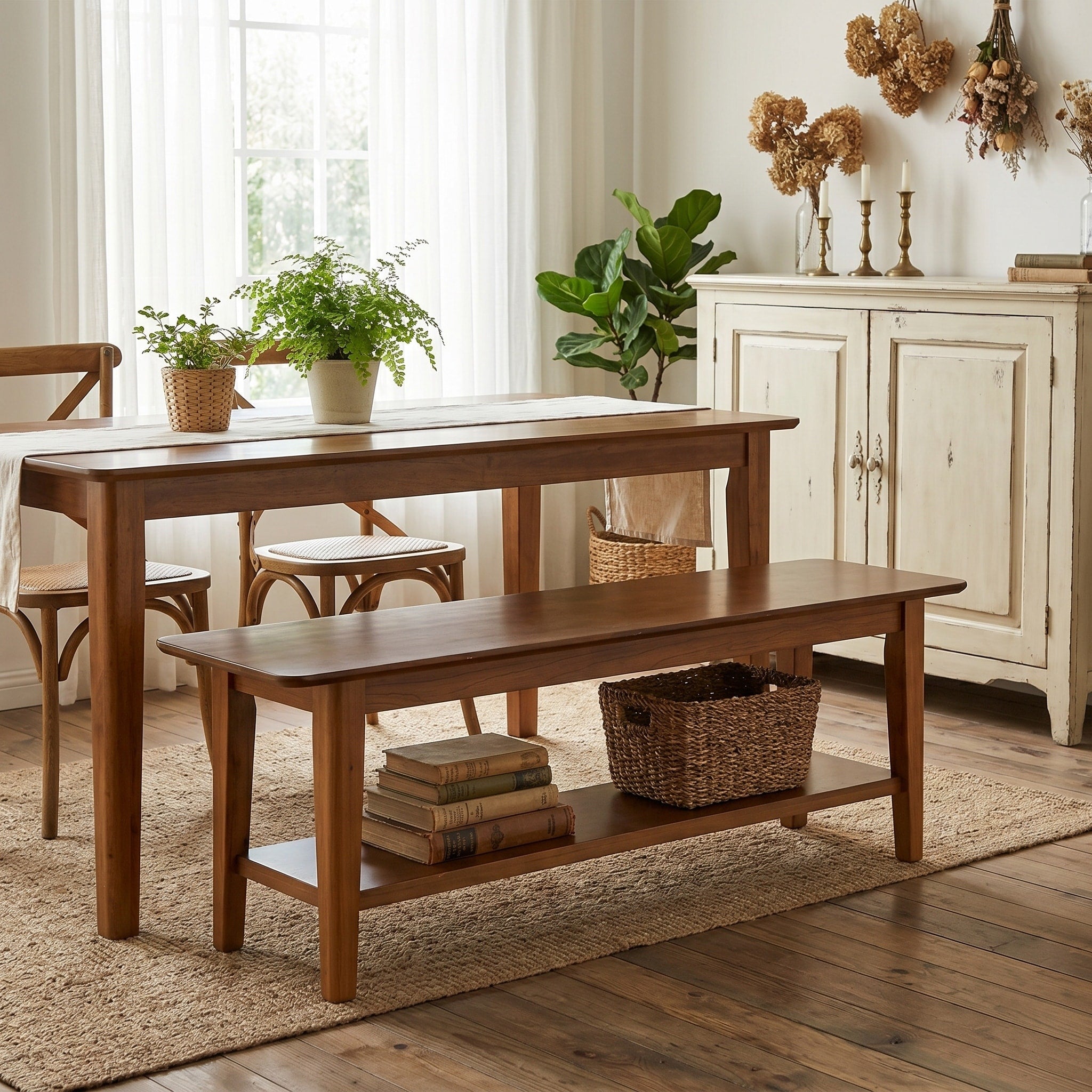 55 Inch Solid Wood Bench Indoor Bench Seat For Bedroom Dining Room Walnut