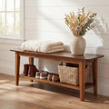 55 Inch Solid Wood Entryway Bench 2 Tier Shoe Bench With Open Shelf