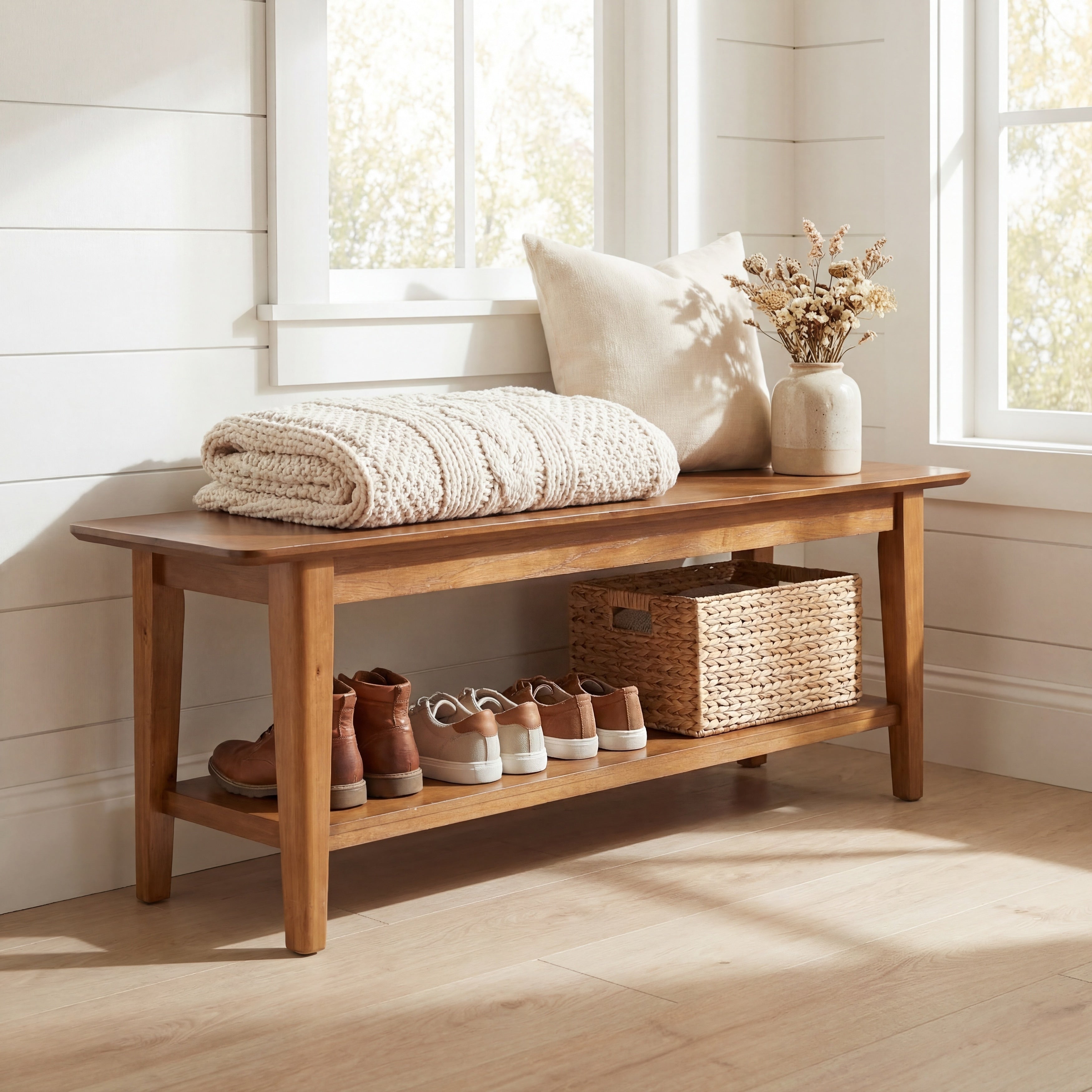55 Inch Solid Wood Entryway Shoe Bench With Shelf Walnut Brown