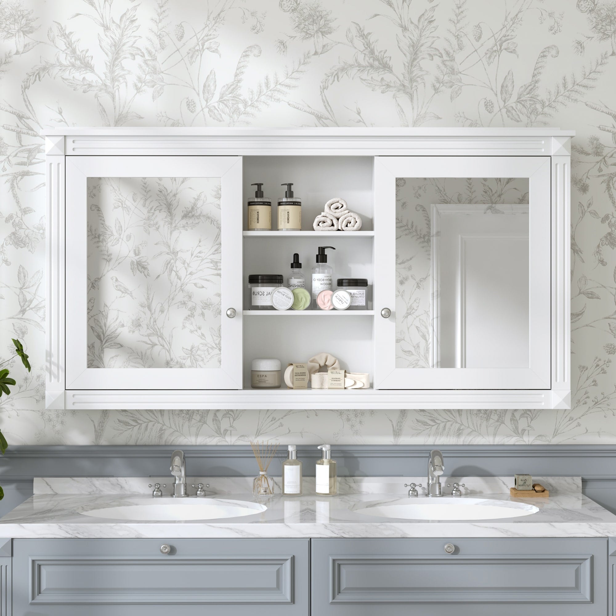 55 Inch Wall Mount 2 In 1 Mirror Cabinet With Adjustable Shelves Soft Closing Hinges High Definition Mirrors