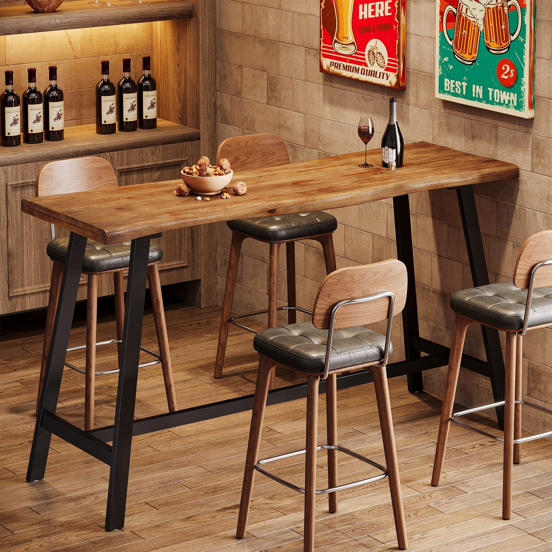 55.1 Inch Solid Wood Bar Table With Sturdy Metal Frame